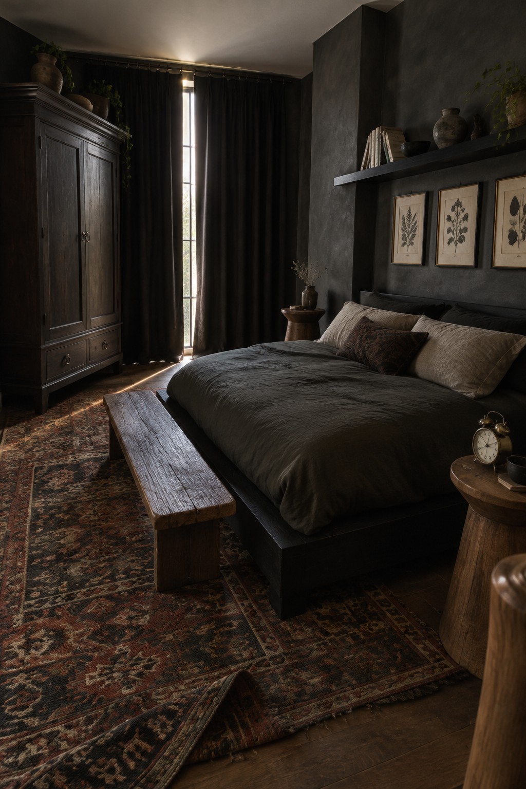 A dark bedroom with a wooden wardrobe, dark bed linens, a patterned rug, and black curtains beside a narrow window.