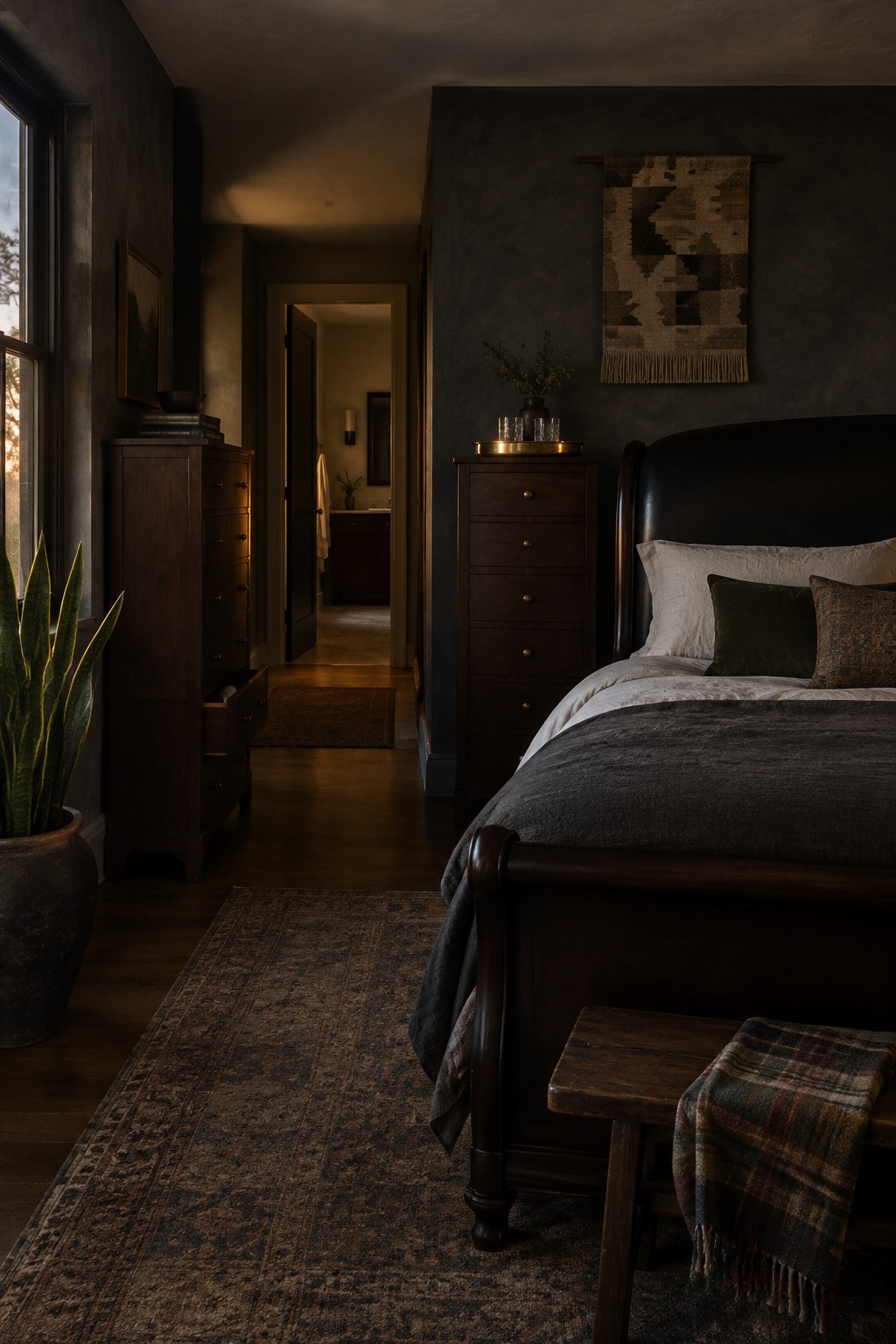 A dark bedroom with a wooden bed and dressers, layered bedding, a patterned rug, and a tall plant beside the window.