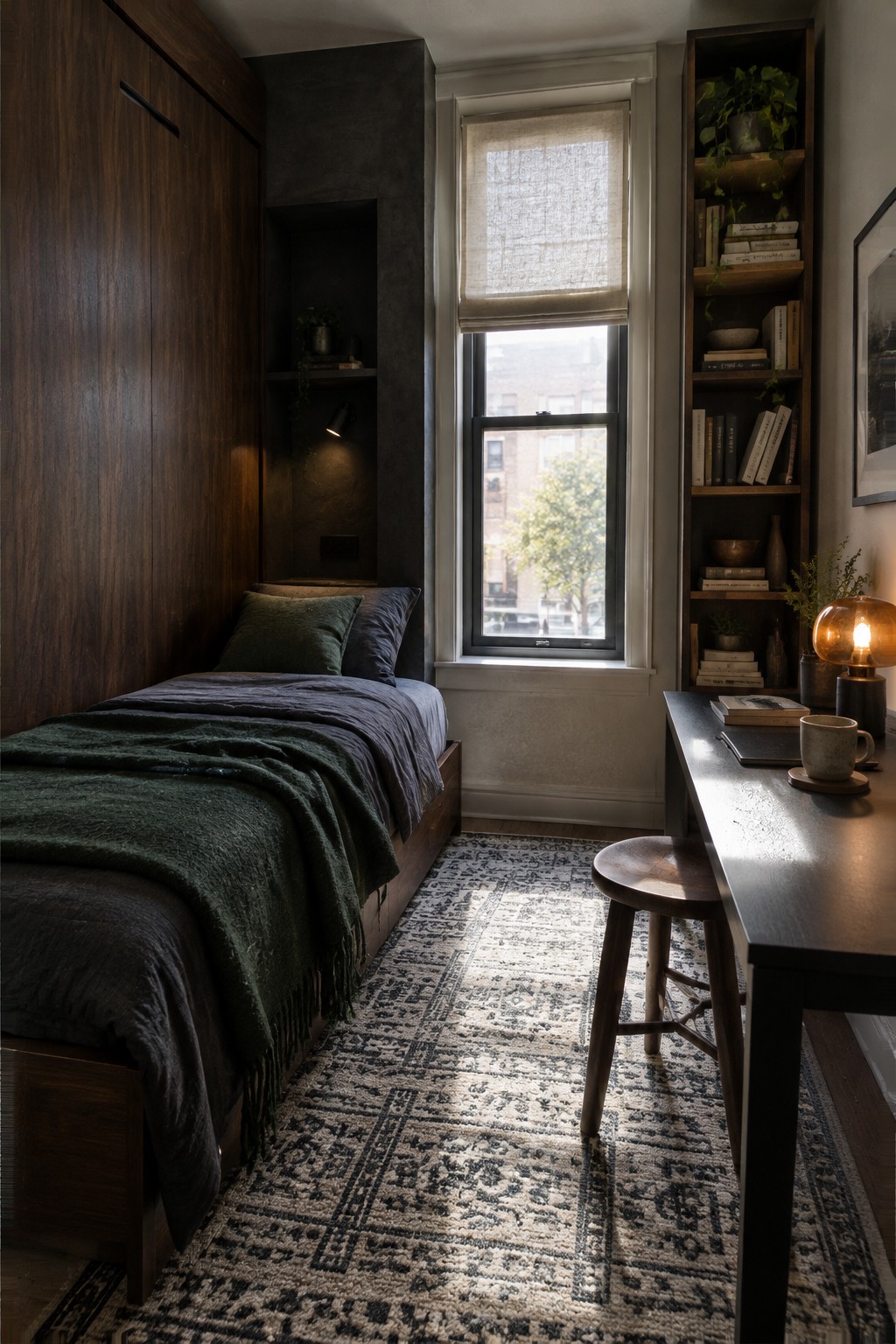 A narrow bedroom with a dark wood bed, built-in shelving, a recessed bedside nook, and a desk beside the window.