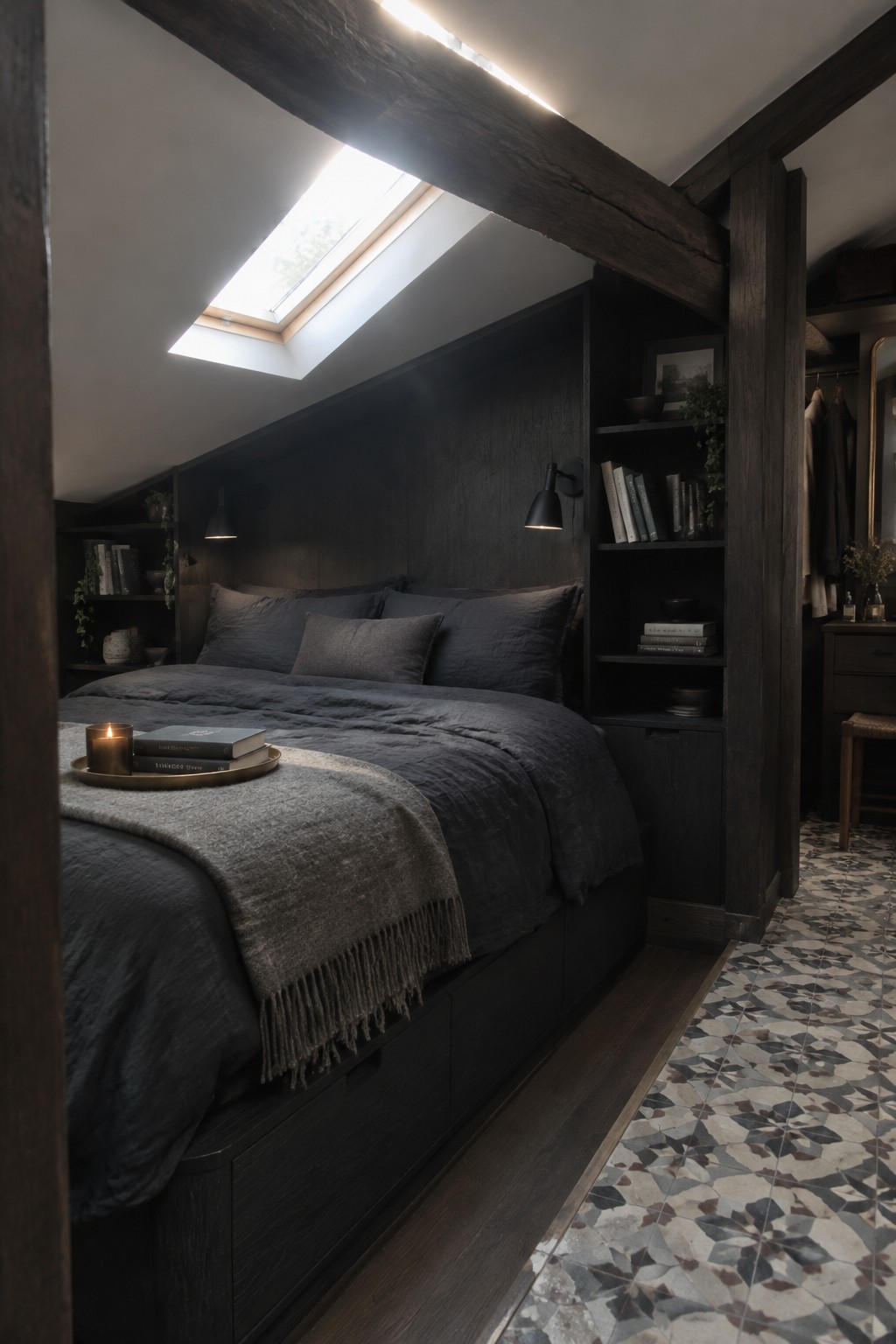 A dark wood attic bedroom with built-in shelves beside the bed, charcoal bedding, a skylight, and patterned floor tiles.