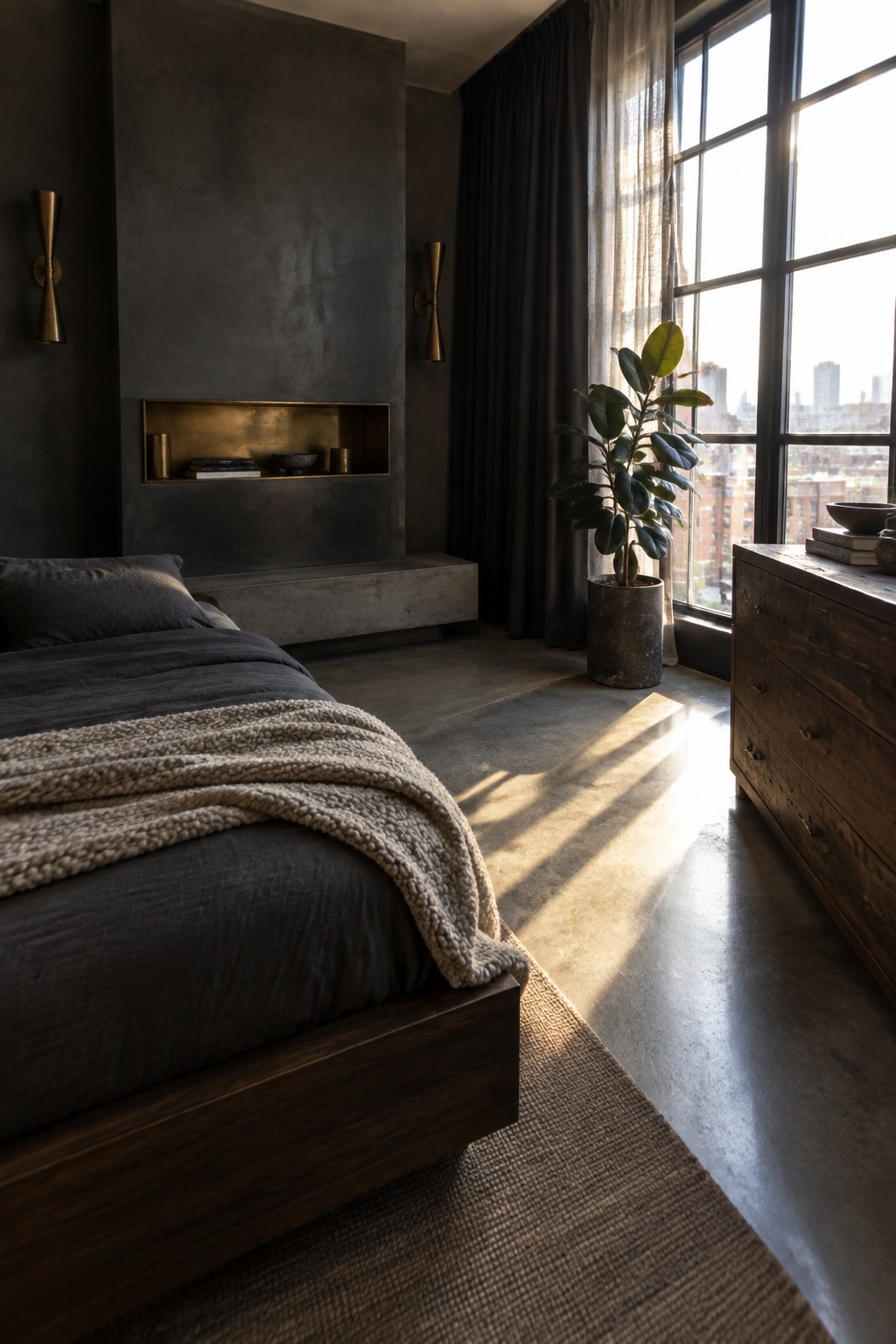 A dark wood bed and dresser sit in a charcoal bedroom beside a large window, with a potted plant and sunlight falling across the floor.