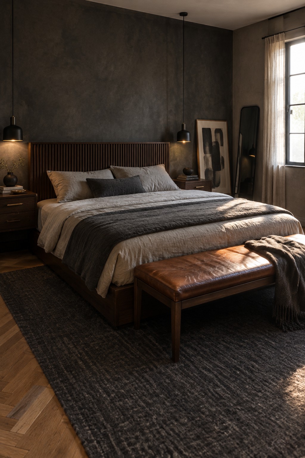 A bedroom with a dark wood slatted headboard, charcoal walls, pale bedding, and a leather bench at the foot of the bed.