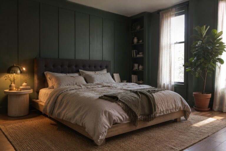 A bedroom with deep green paneled walls, a dark tufted headboard, pale bedding, built-in shelves, and a tall plant beside a window.