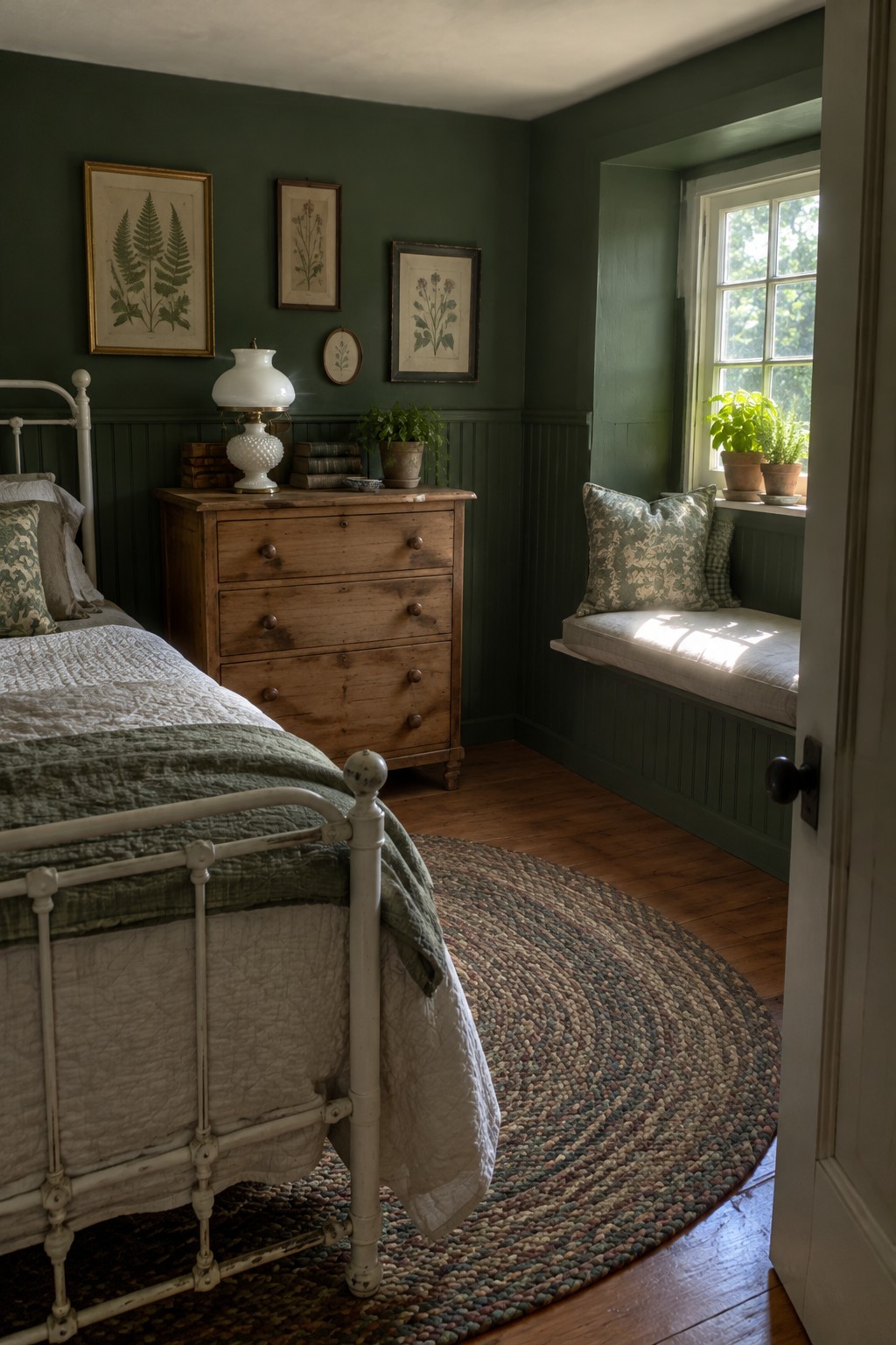 A small bedroom with deep green walls, a white metal bed, a wooden dresser, botanical prints, and a window seat.