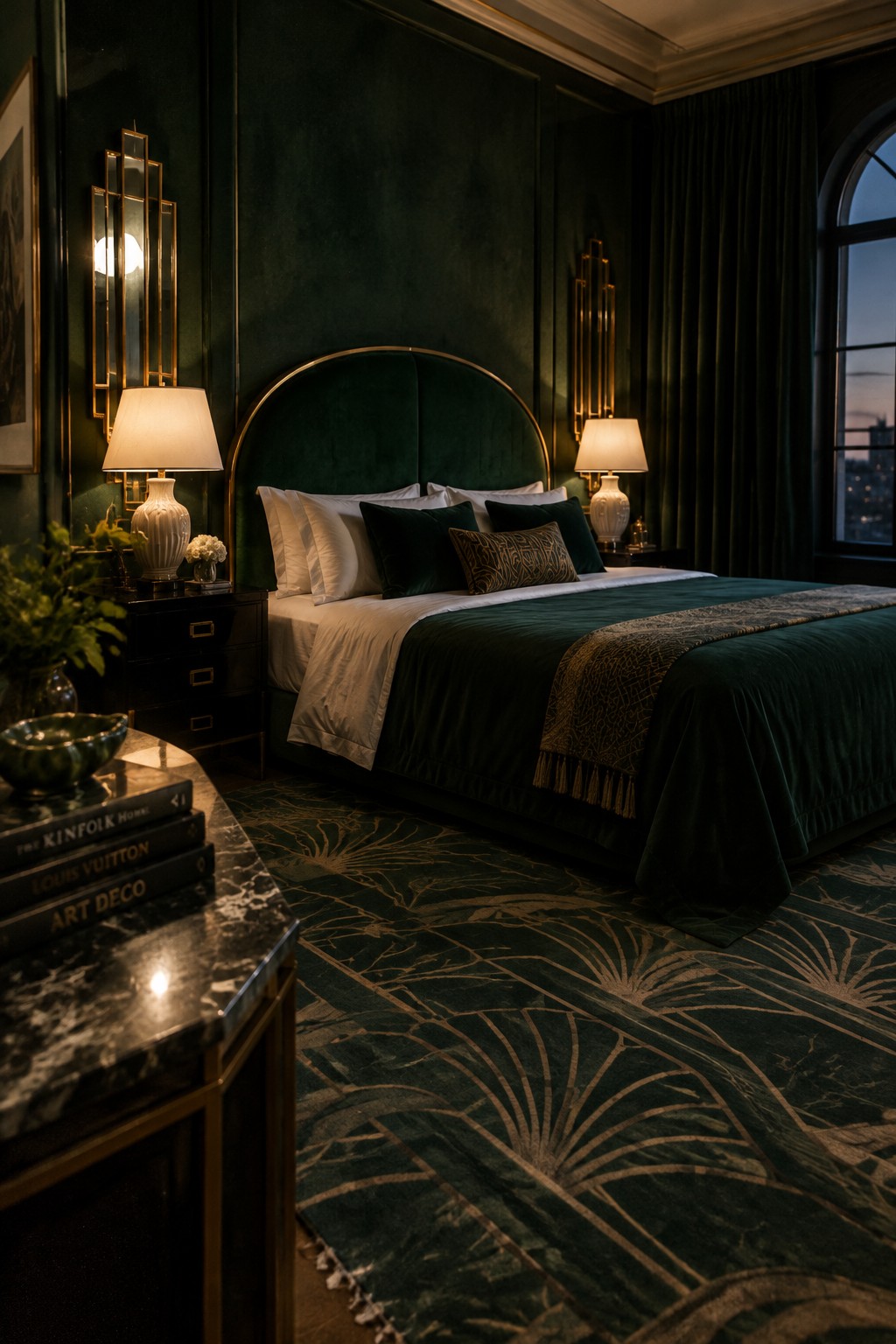 A bedroom with deep green walls, a curved upholstered headboard, white pillows, and dark green bedding.