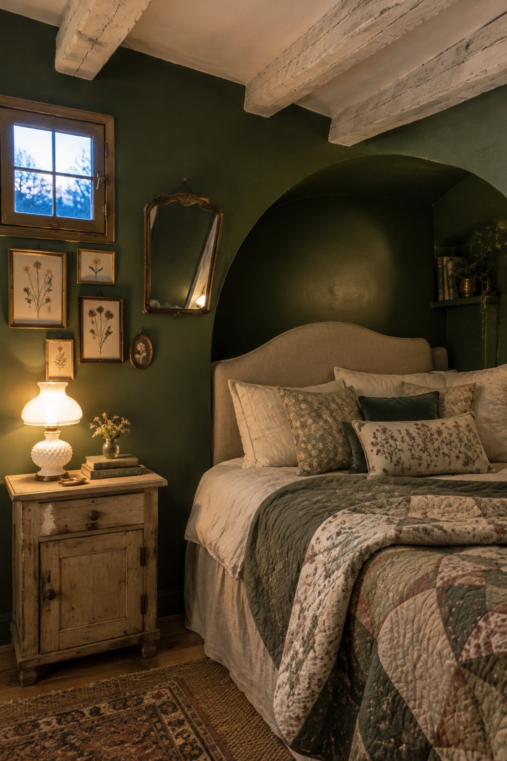 A bed sits in a deep green arched alcove beneath exposed ceiling beams.