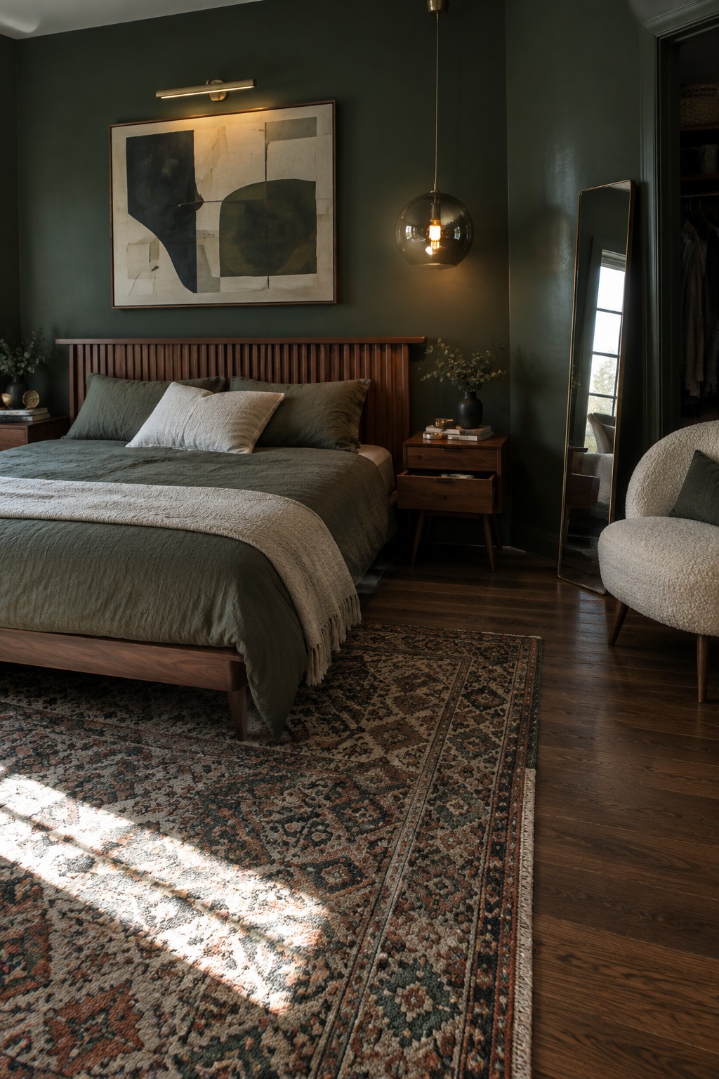 A bedroom with deep green walls, a wooden bed and headboard, muted bedding, abstract wall art, and a patterned rug.