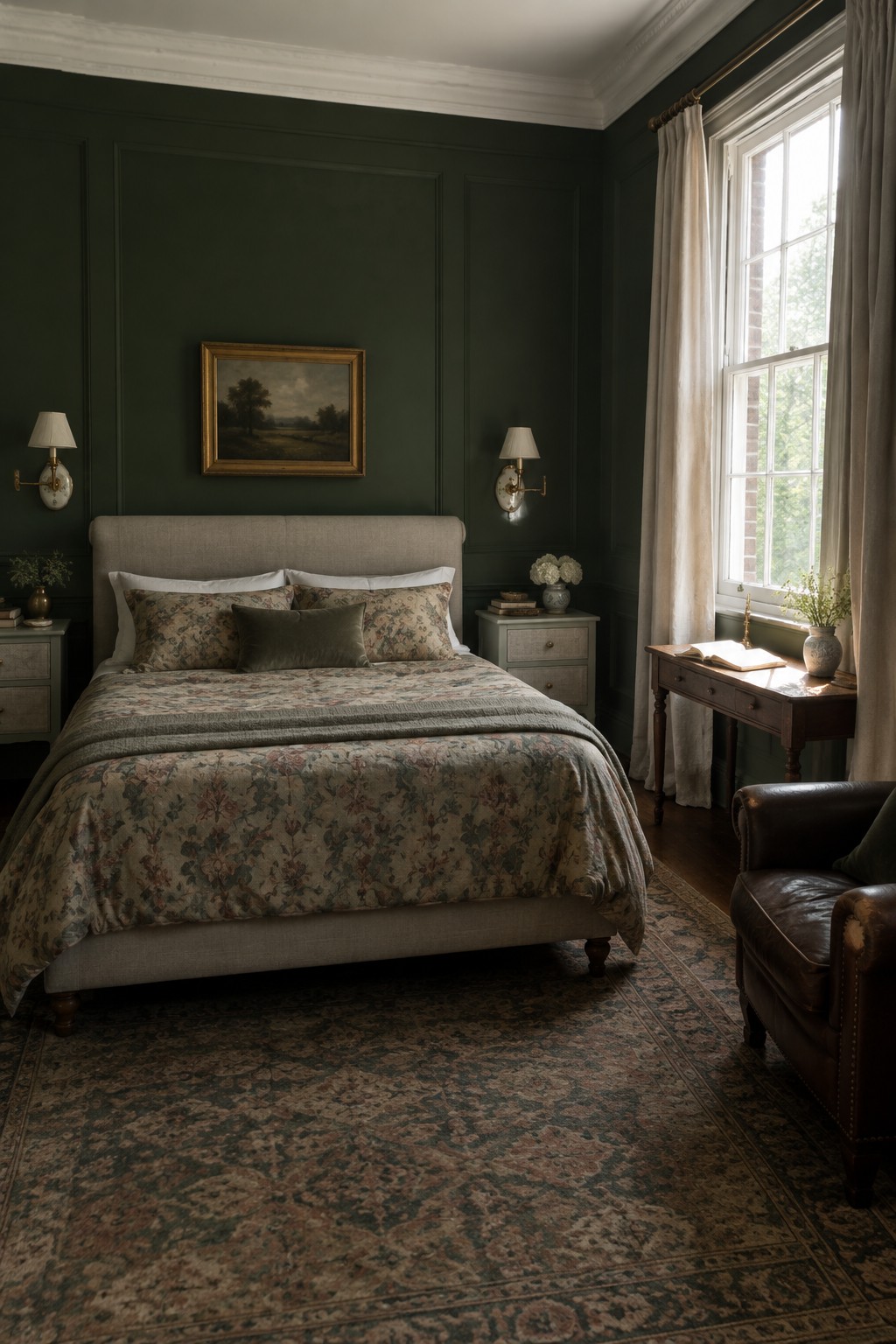 A traditional bedroom with deep green paneled walls, a floral bedspread, and a beige upholstered bed.