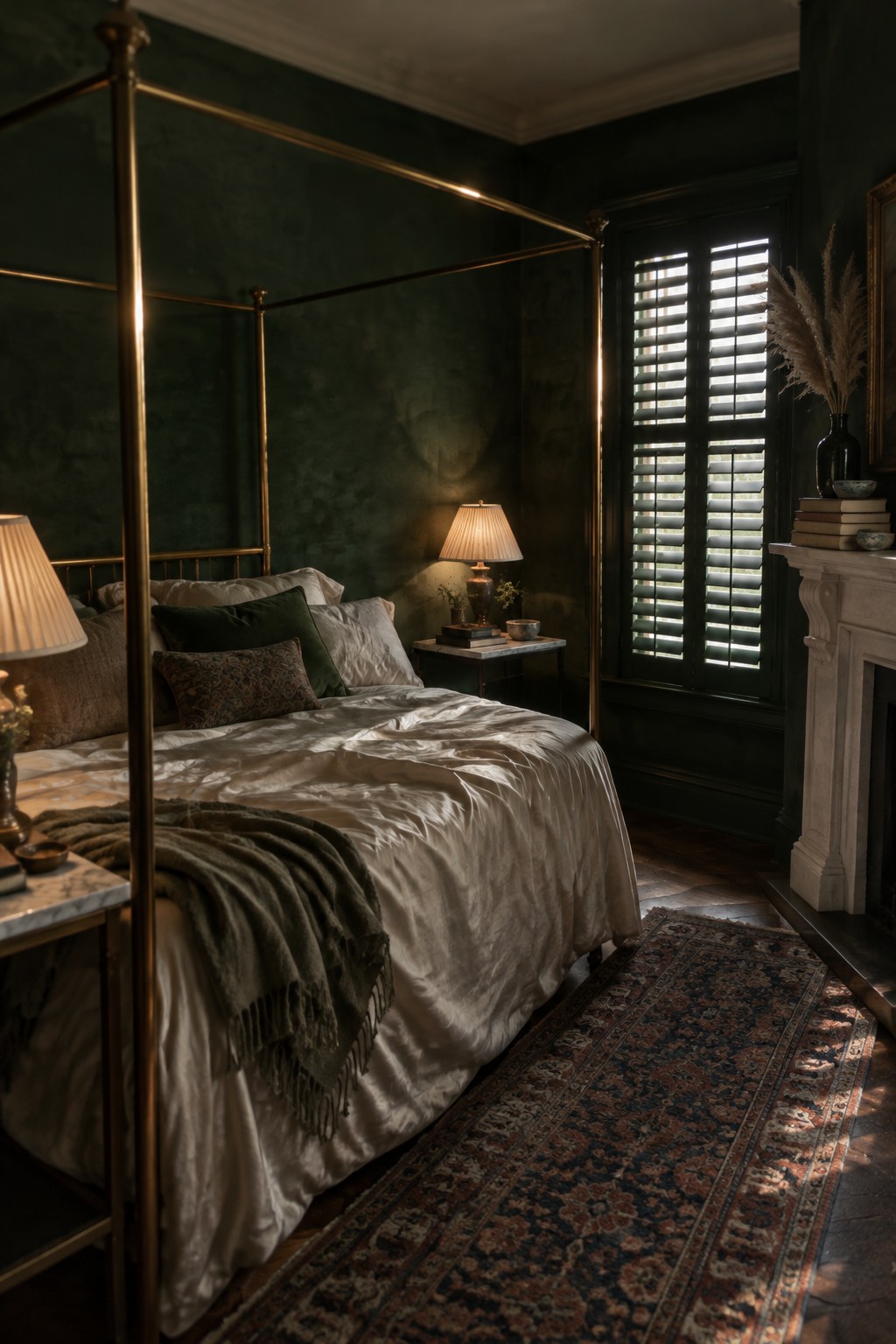 A traditional bedroom with deep green walls, a brass four-poster bed, pale bedding, shuttered windows, and a patterned rug.