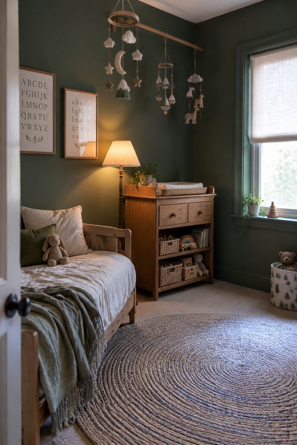 A nursery with deep green walls, a wooden daybed, a changing table, framed alphabet prints, and hanging mobiles.