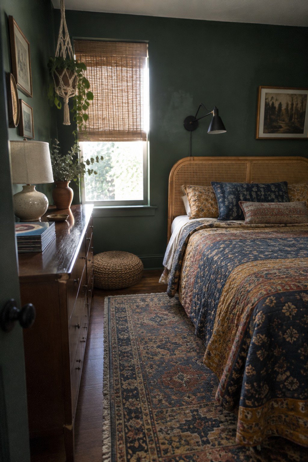 A bedroom with deep green walls, a cane headboard, patterned blue and ochre bedding, and a woven rug.
