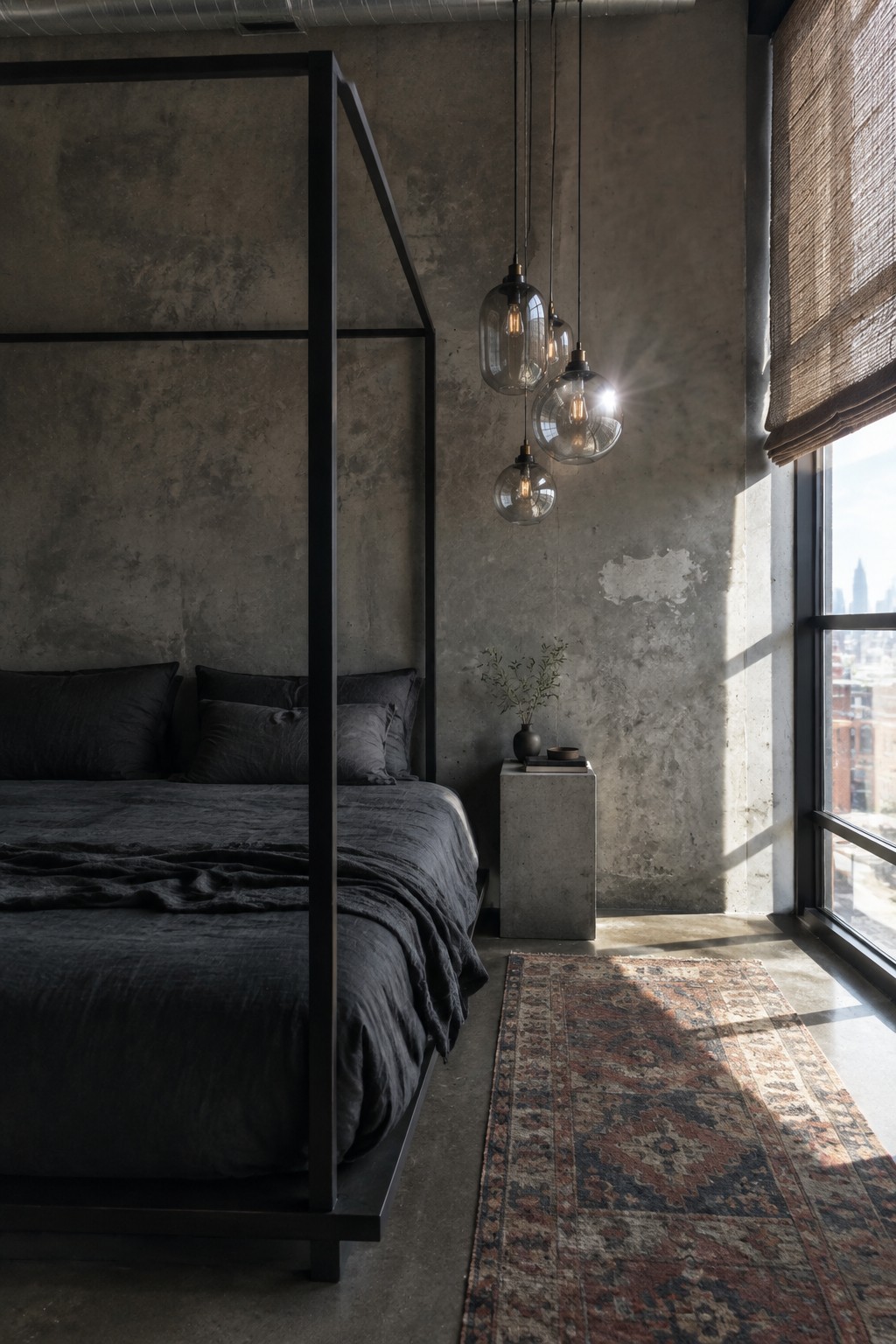 A black metal canopy bed with dark bedding sits beside a concrete nightstand in a bedroom with gray walls and a large window.