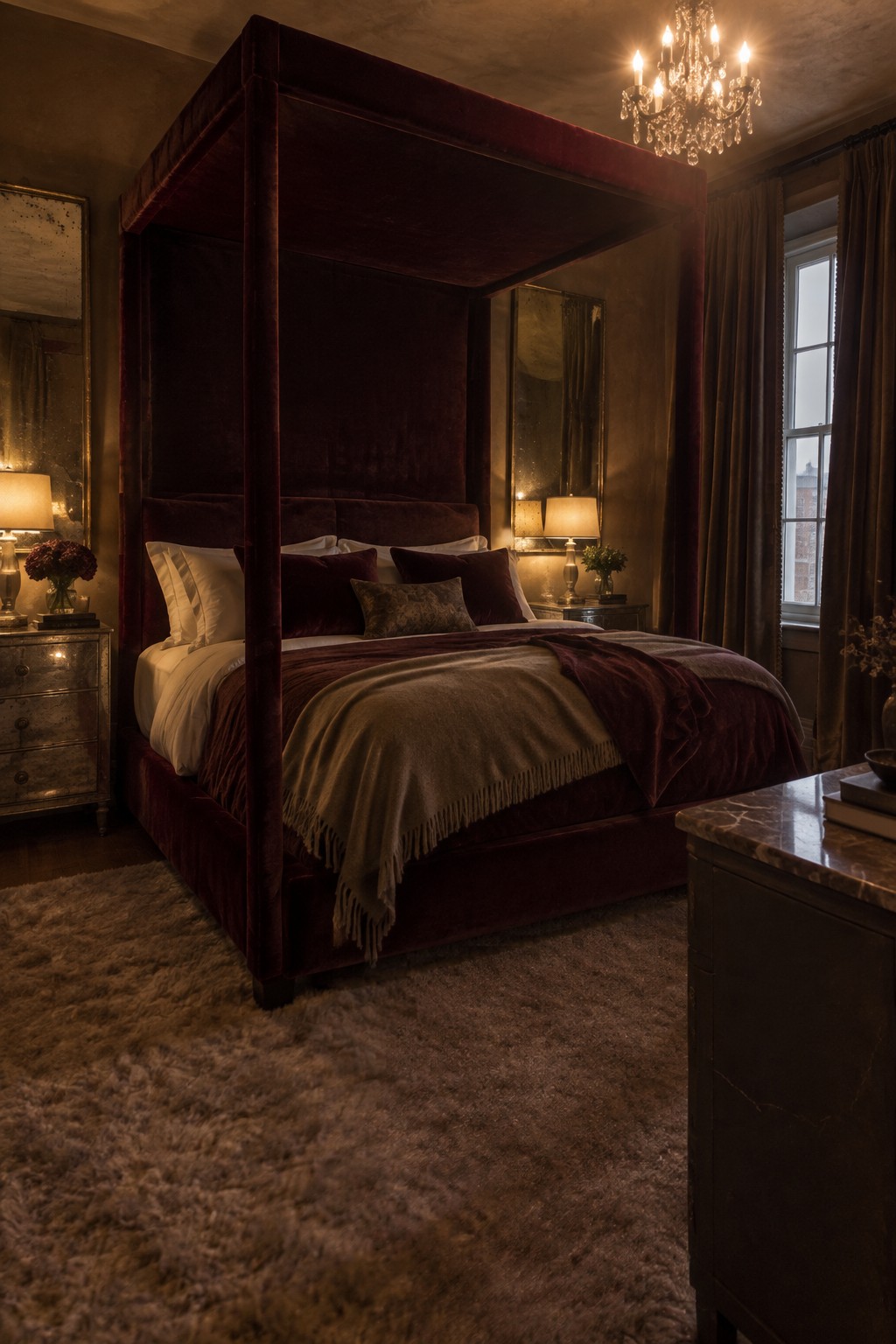 A burgundy velvet four-poster canopy bed with cream bedding, dark curtains, and bedside lamps.