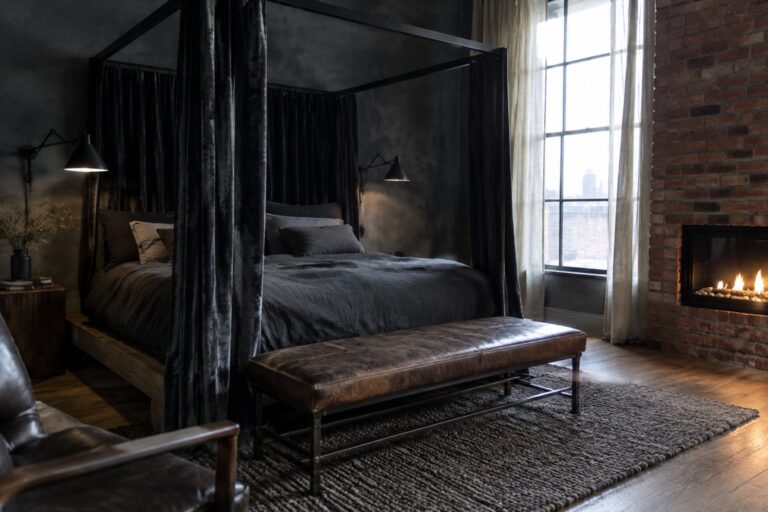 A dark four-poster canopy bed with black curtains, gray bedding, and a brown leather bench in a bedroom with a brick fireplace and tall window.