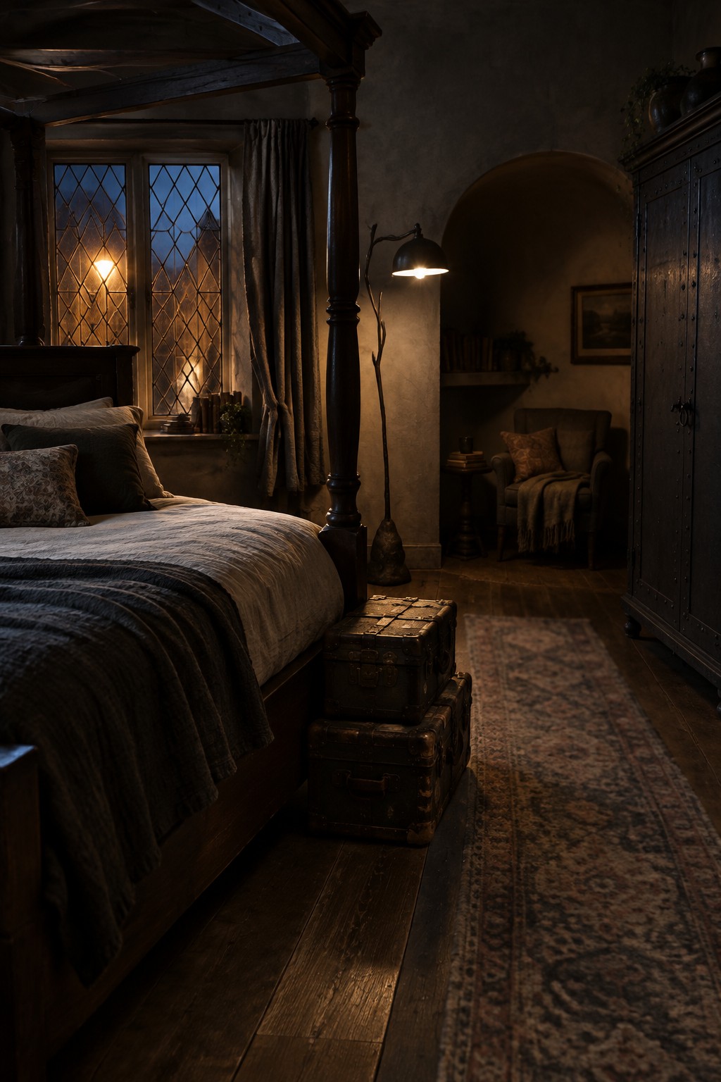 A dark wood canopy bed with muted bedding stands beside a diamond-paned window in a dim bedroom.