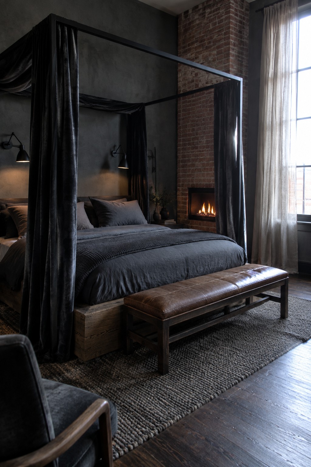 A dark four-poster canopy bed with black curtains, gray bedding, and a brown leather bench in a bedroom with a brick fireplace and tall window.