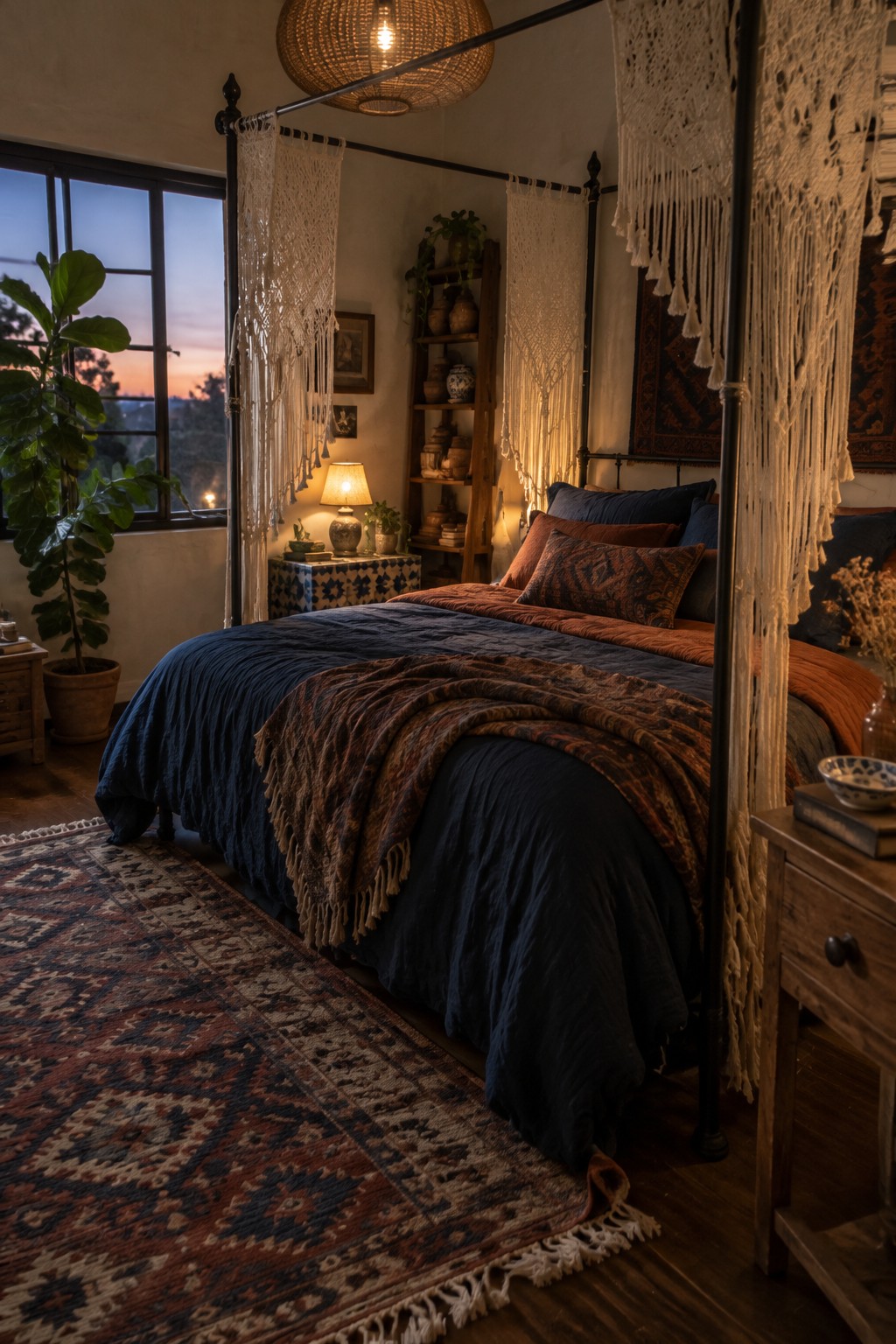 A dark four-poster bed with pale macramé panels, patterned pillows, and a rust-colored throw in a warmly lit bedroom.