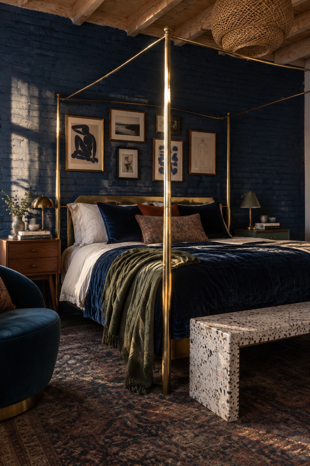 A brass canopy bed with navy bedding stands against a dark blue brick wall in a bedroom.