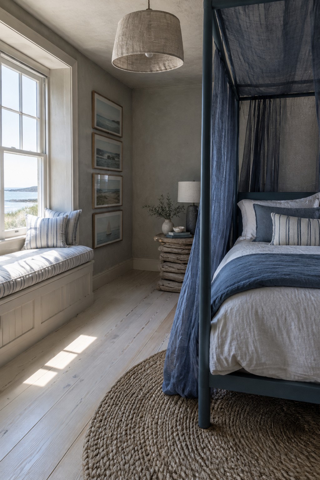 A dark canopy bed with blue curtains and pale bedding sits beside a window seat in a coastal bedroom.