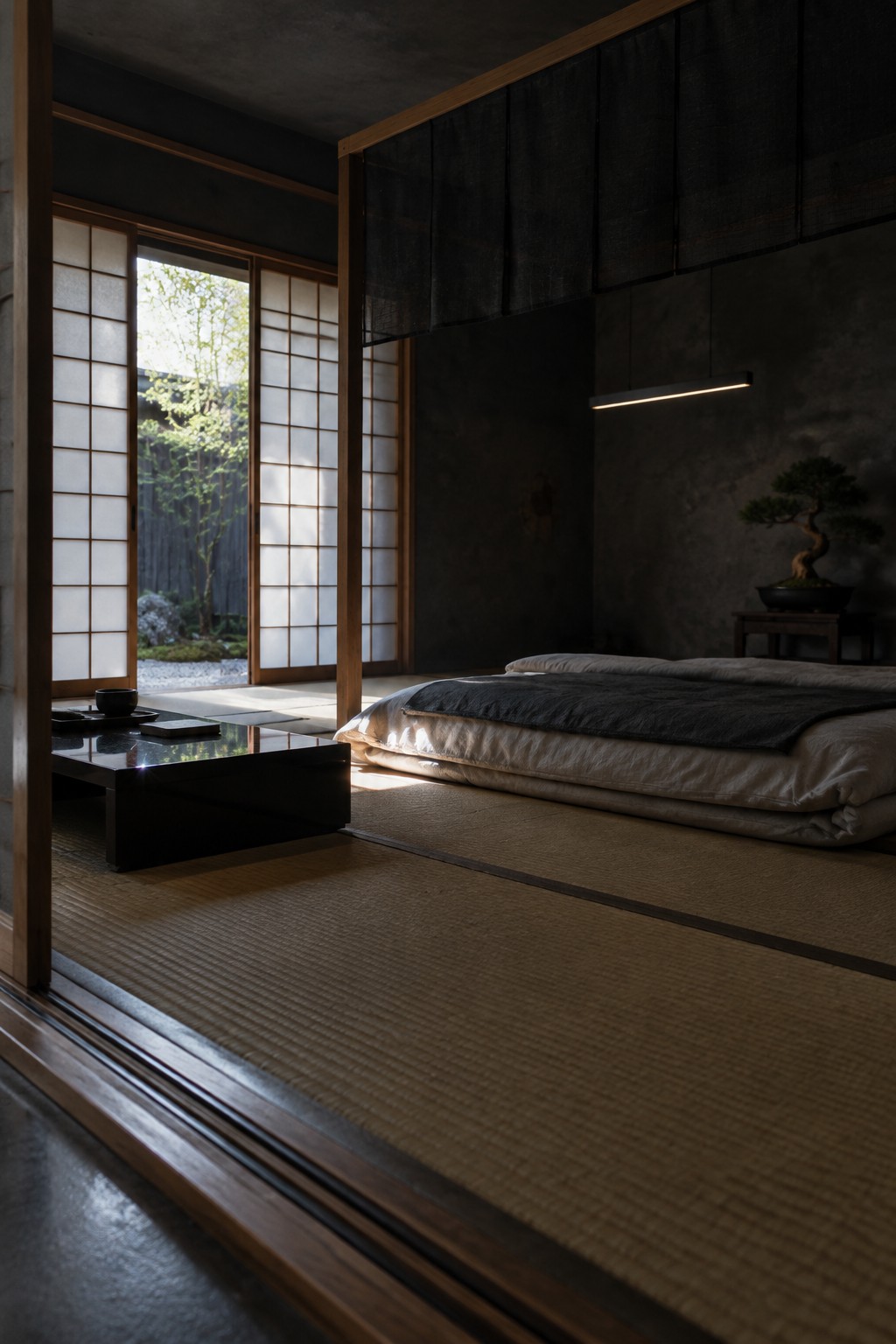 A low futon sits beneath a dark fabric canopy in a Japanese-style room with shoji screens and tatami mats.