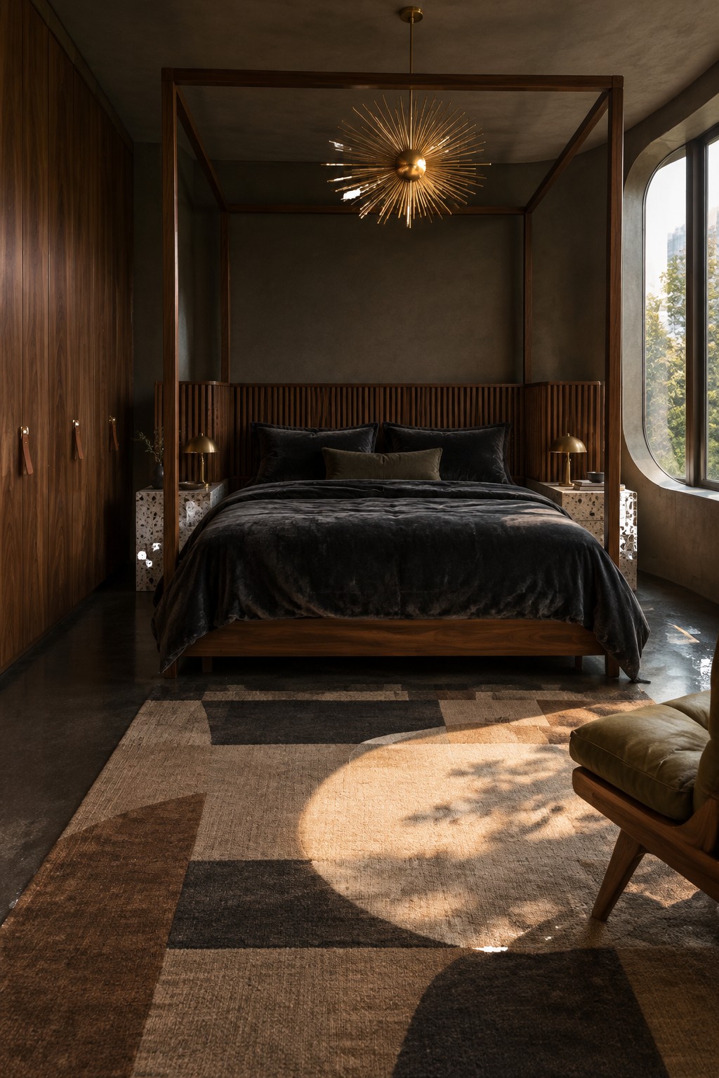 A dark wood canopy bed with black bedding sits beneath a brass starburst chandelier in a bedroom with a geometric rug.