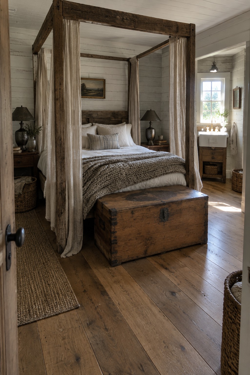 A rustic wood four-poster canopy bed with pale curtains, white bedding, and a wooden trunk at its foot.