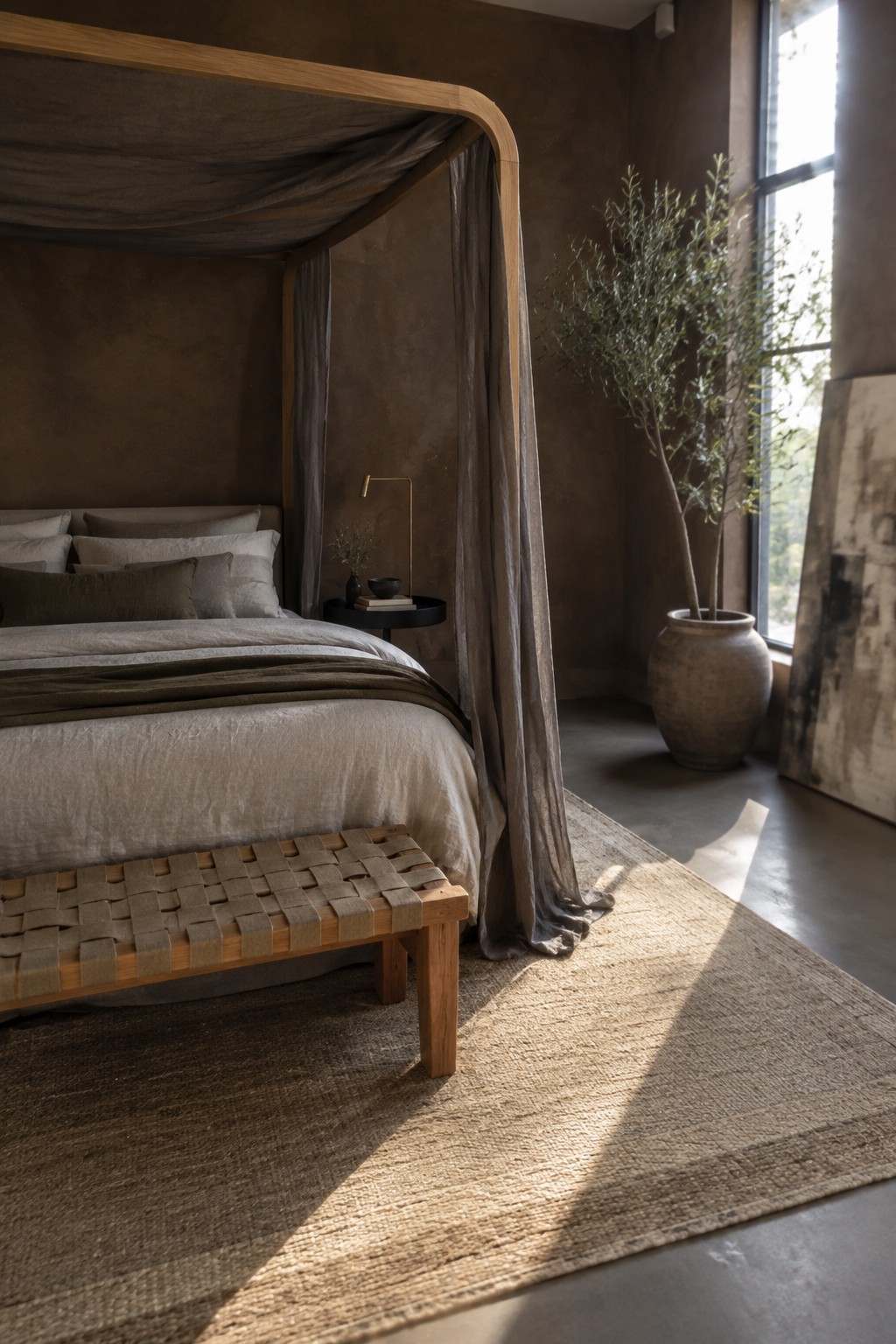 A wooden canopy bed with dark draped fabric, neutral bedding, and a woven bench in a moody bedroom.