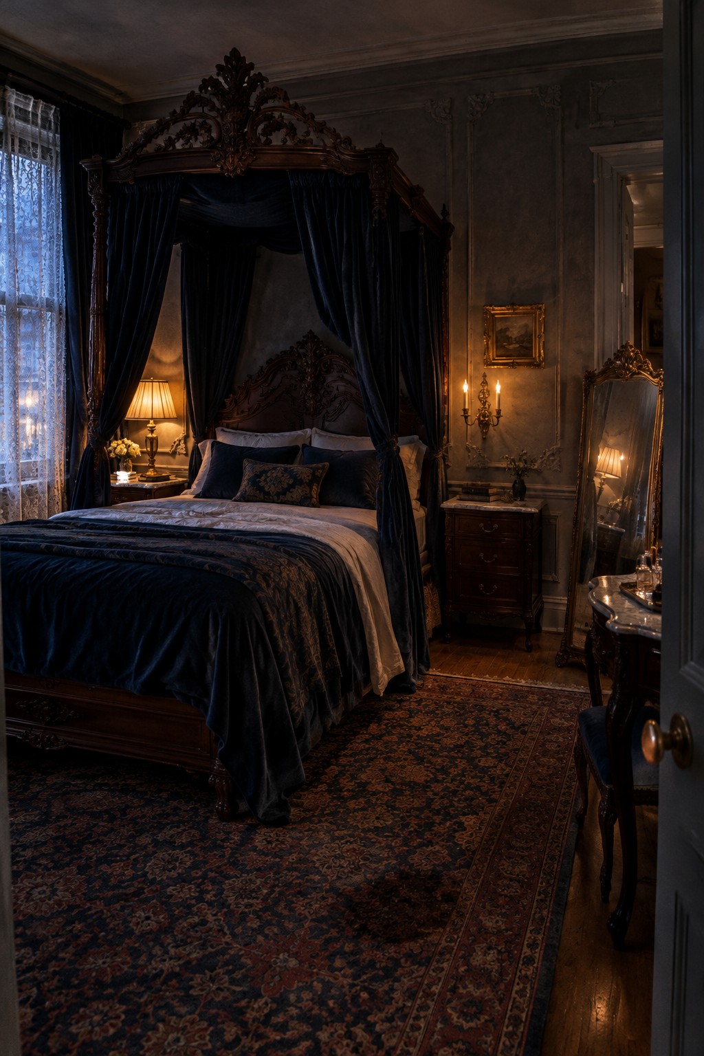 An ornate dark wood canopy bed with navy curtains and bedding stands in a bedroom with a patterned rug and antique furnishings.