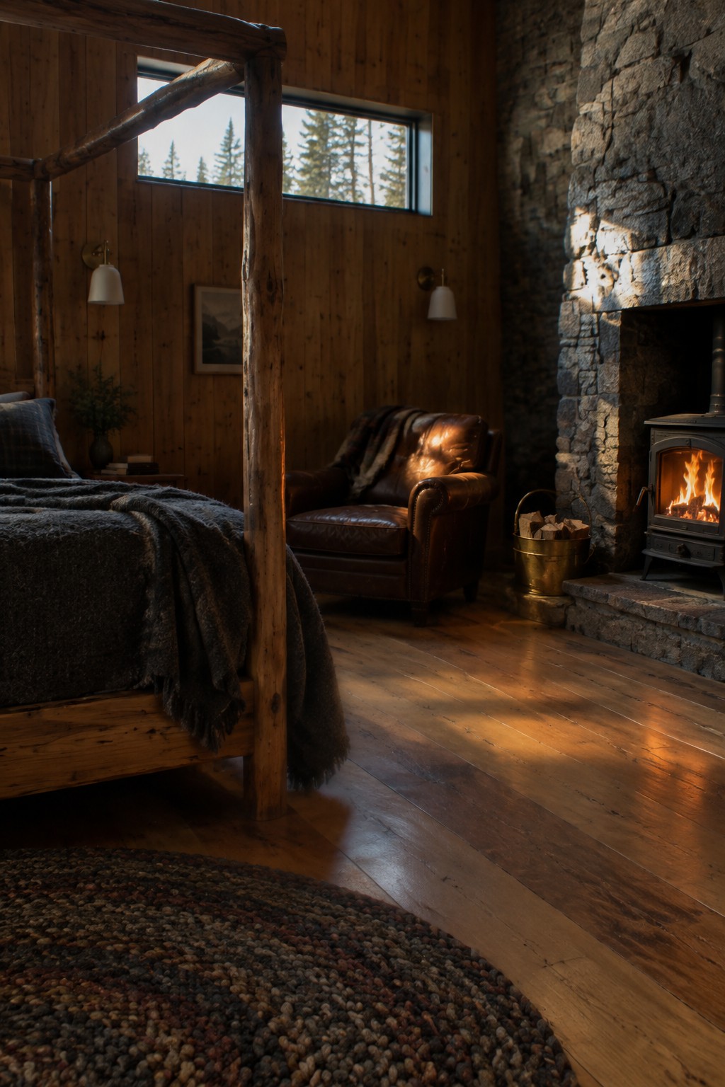 A rustic timber canopy bed with dark bedding sits in a wood-paneled bedroom beside a leather armchair and stone fireplace.