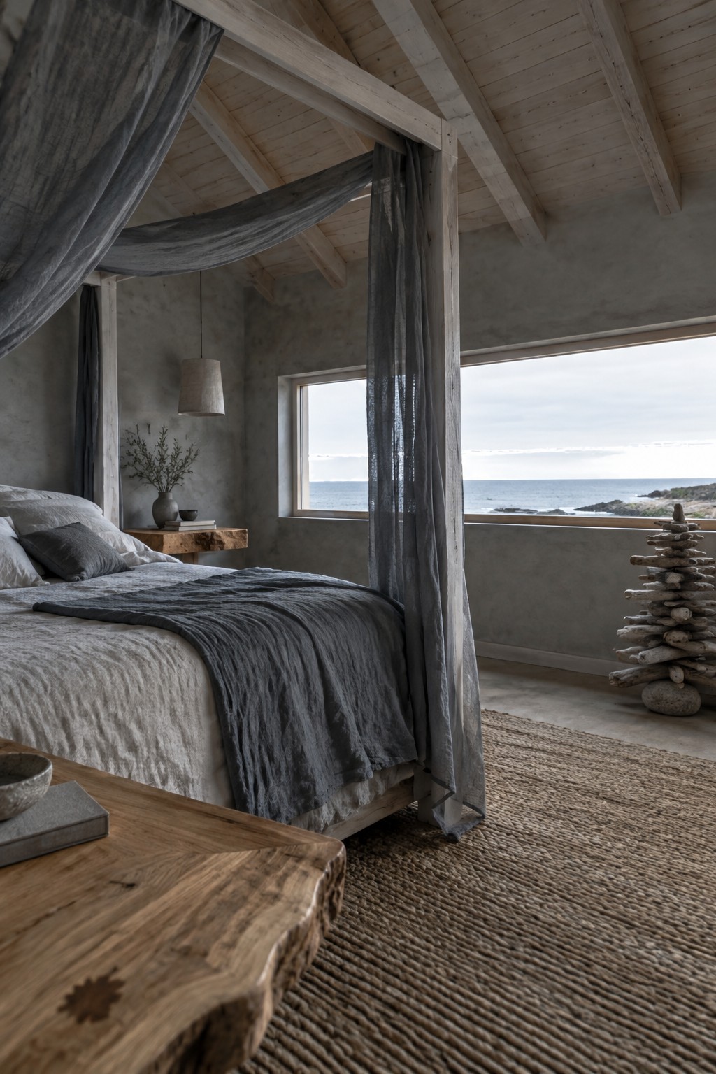 A wooden canopy bed with sheer charcoal curtains and gray bedding in a bedroom overlooking the ocean.
