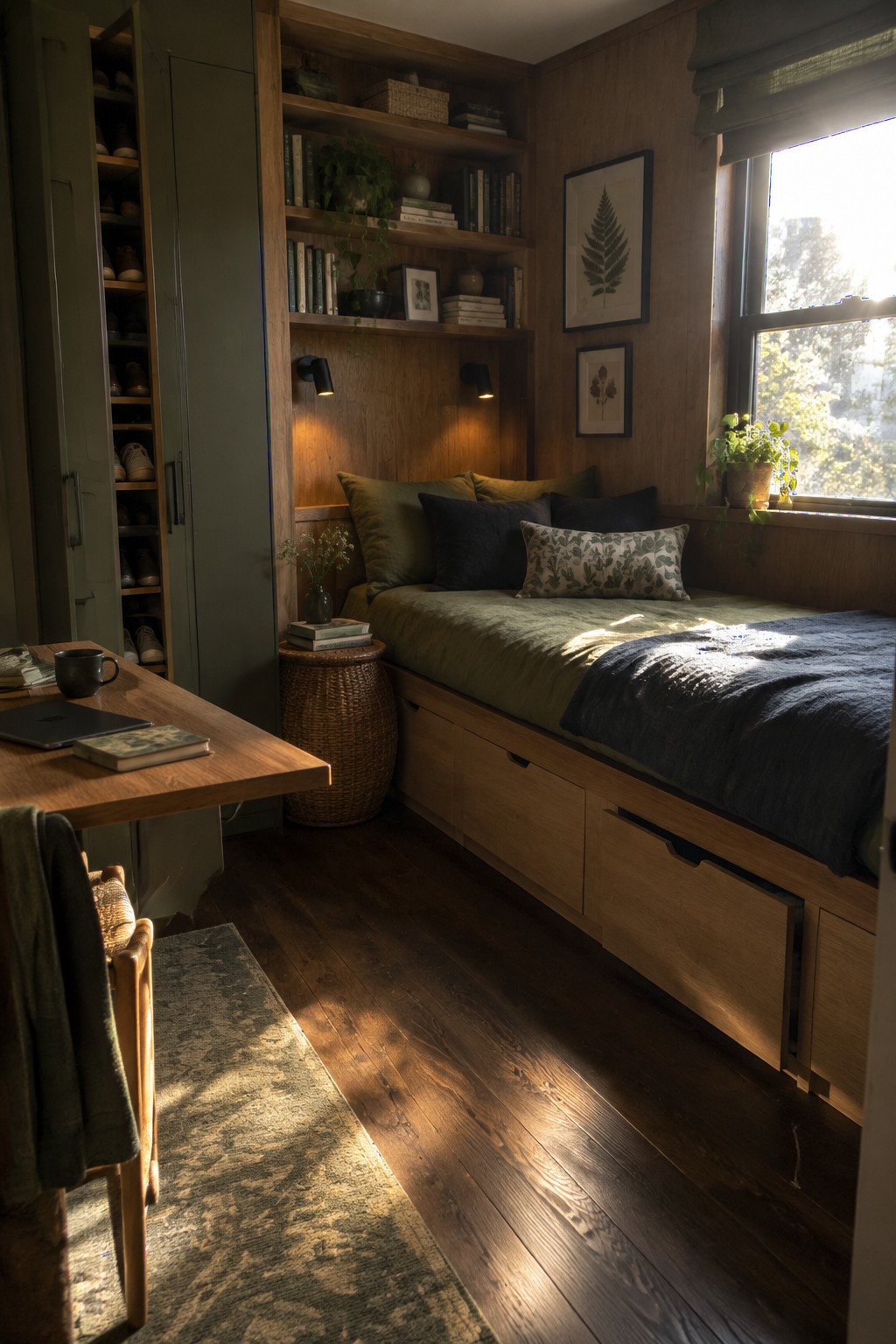 A built-in bed with drawers beneath it sits against wood-paneled walls in a small bedroom.
