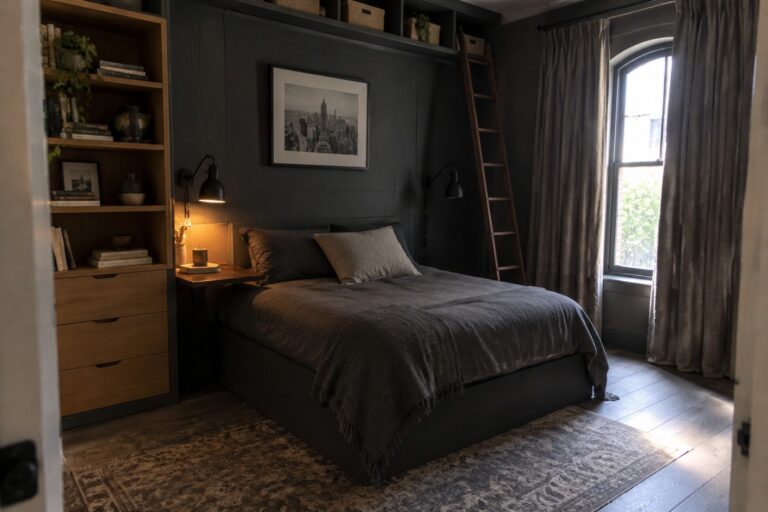 17 Moody Guest Bedroom Ideas Featuring Space-Saving Furniture A dark bedroom with a bed set into built-in shelves and drawers, a ladder, framed artwork, and a patterned rug.