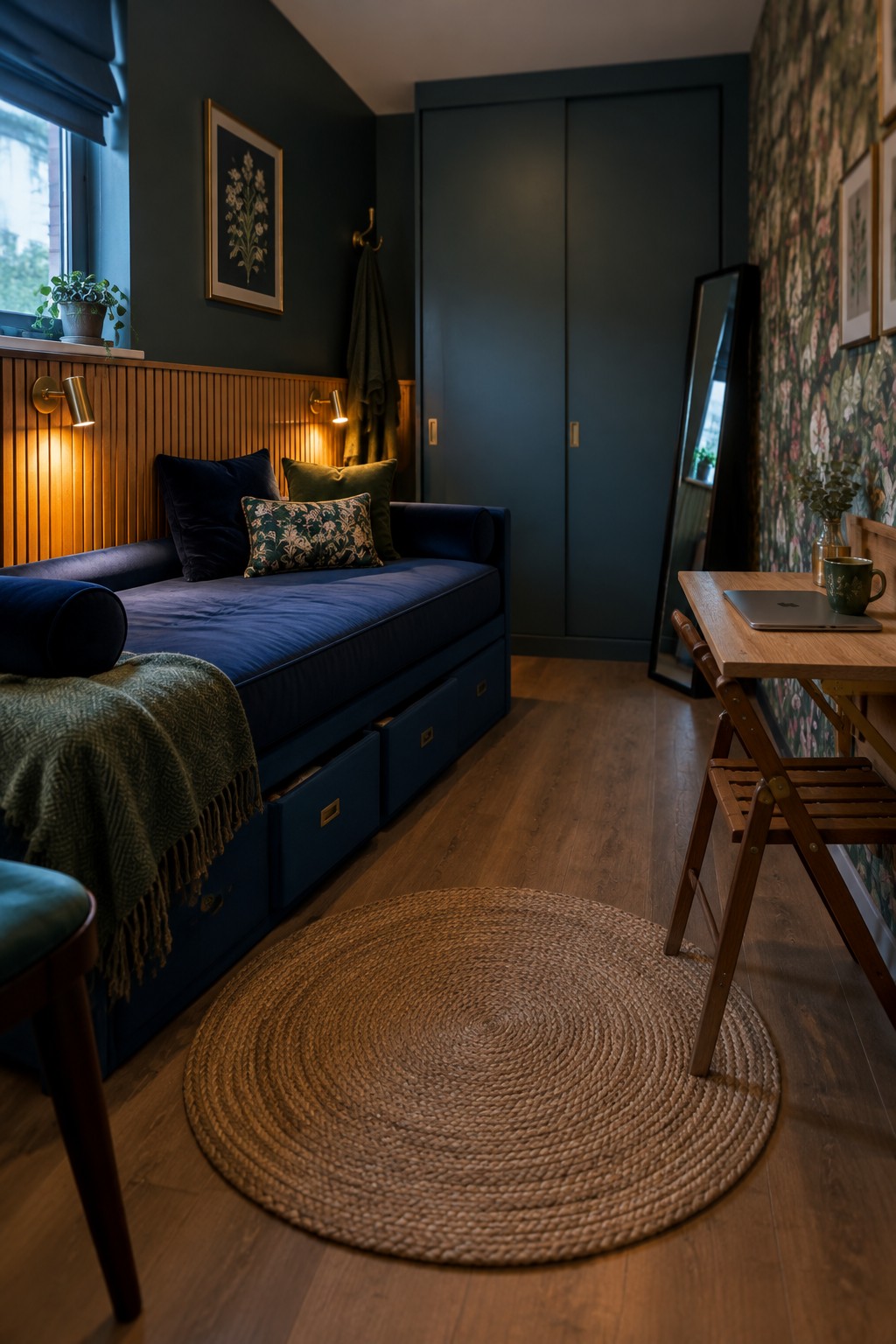 A navy daybed with storage drawers sits beneath wood wall paneling in a narrow room with a desk and round woven rug.