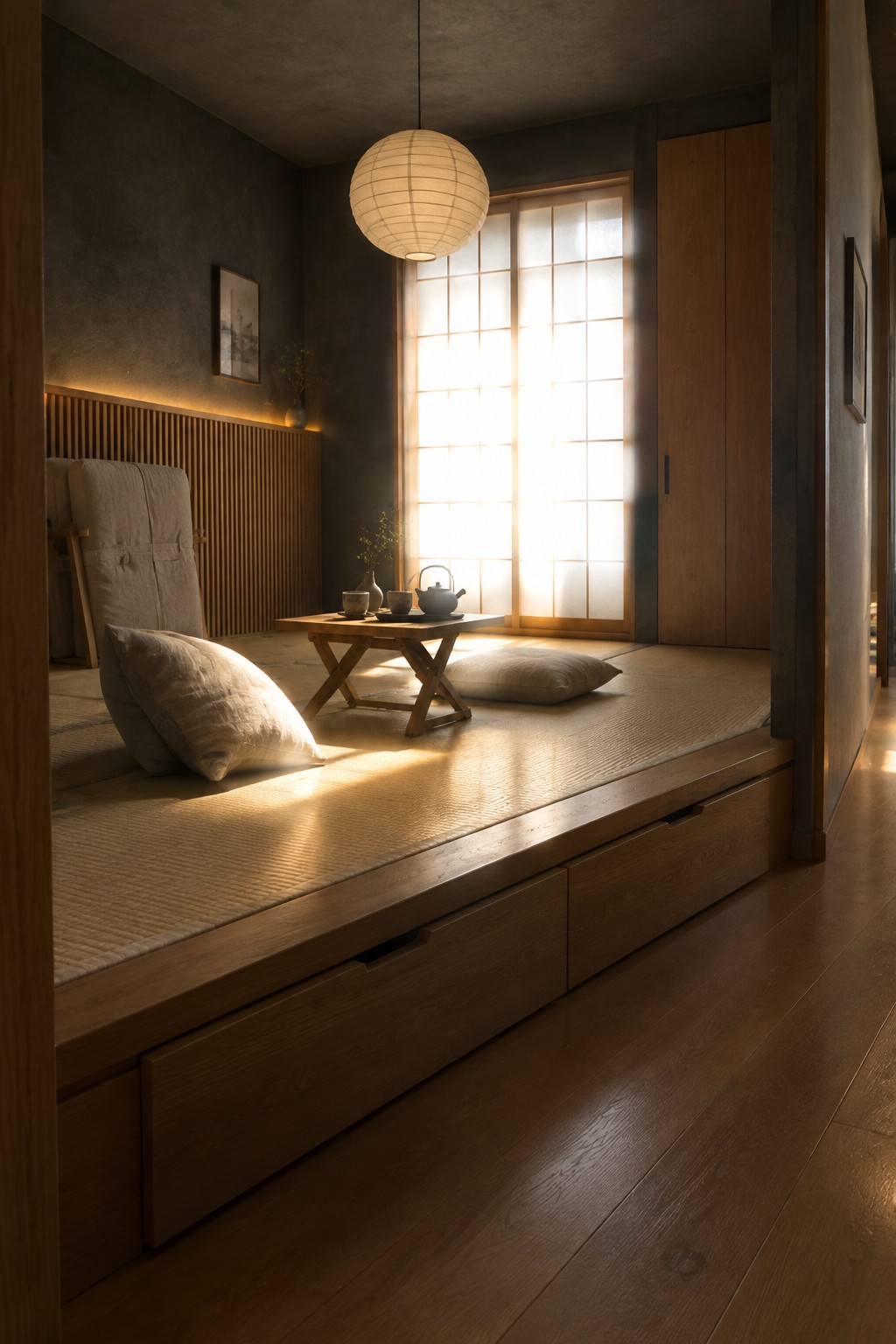 A raised wooden platform bed with built-in drawers supports a tatami mat, floor cushions, and a low tea table beside a shoji window.