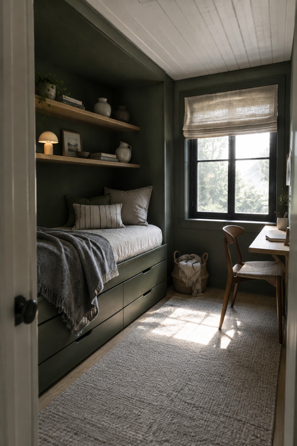 A built-in bed with drawers sits beneath two wooden shelves in a dark green guest room with a desk by the window.