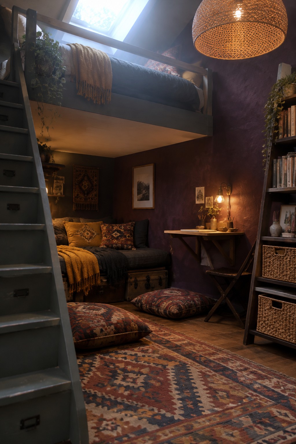 A dark wood loft bed above a small sofa and desk, with a ladder, patterned rugs, and bookshelves.
