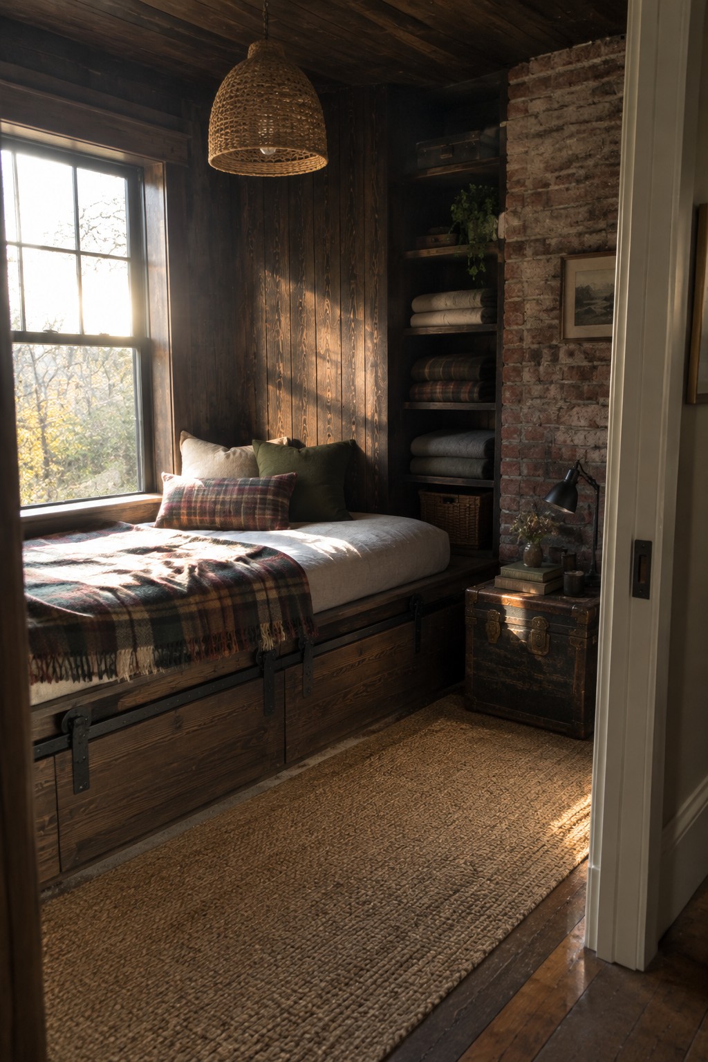 A wooden bed with storage drawers sits beneath a window in a dark-paneled guest bedroom.