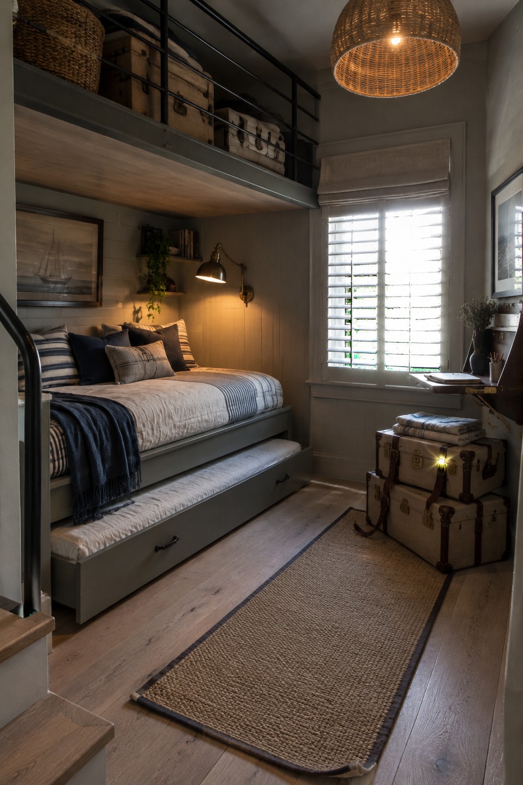 A narrow bedroom with a daybed, a pull-out trundle mattress, a loft storage shelf, and a woven rug.