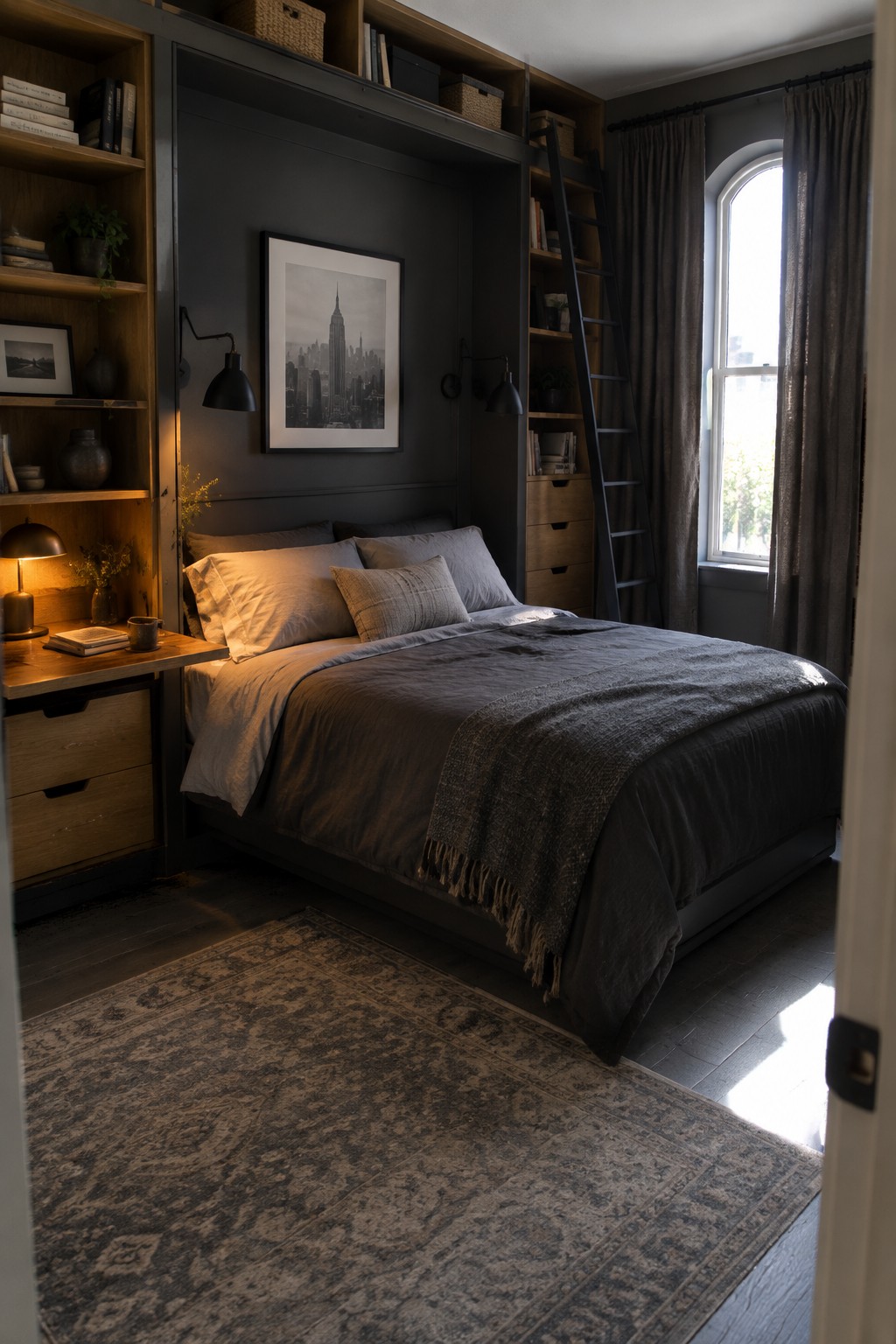 A dark bedroom with a bed set into built-in shelves and drawers, a ladder, framed artwork, and a patterned rug.