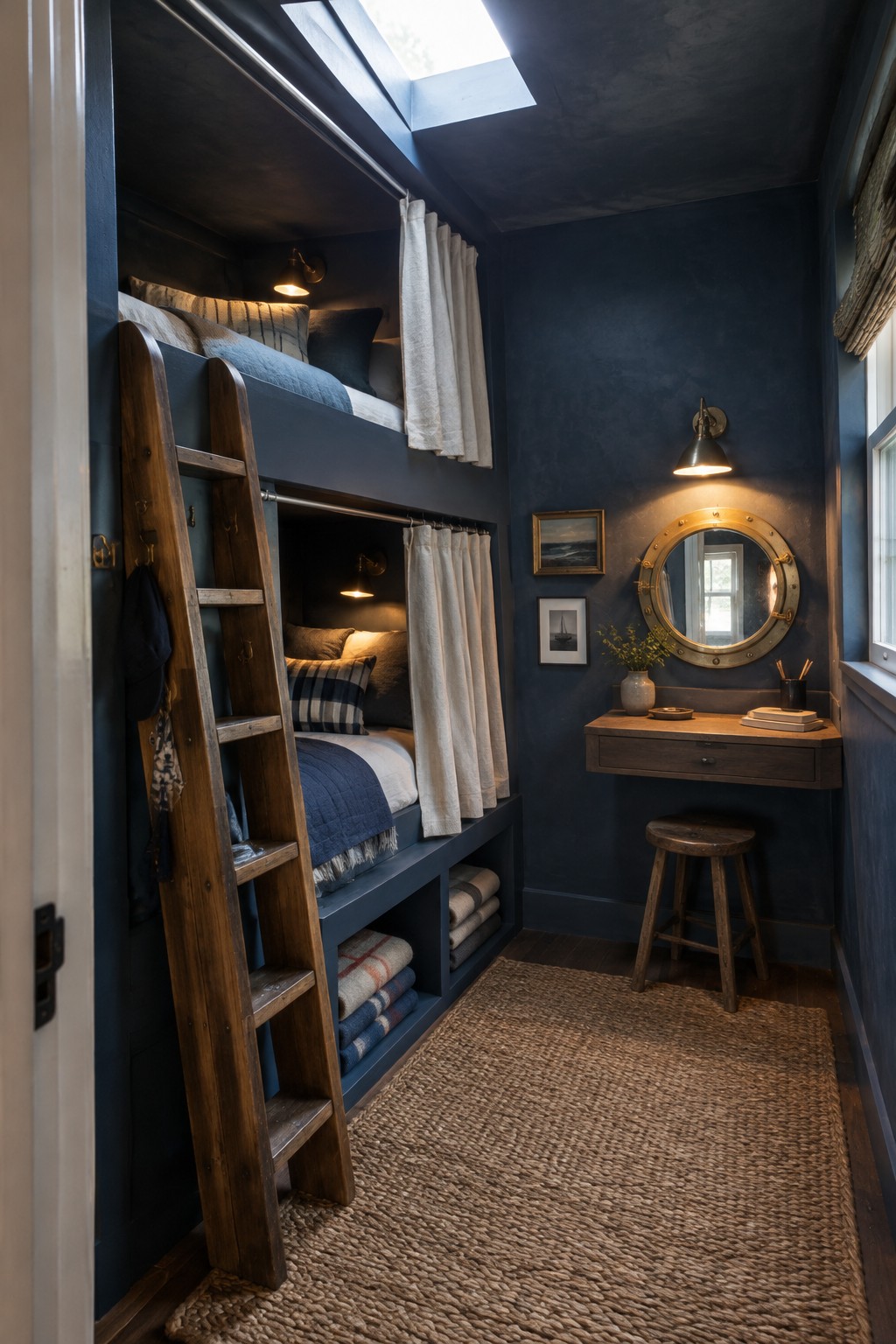 A narrow navy bedroom with built-in bunk beds, a wooden ladder, storage shelves, and a small desk.