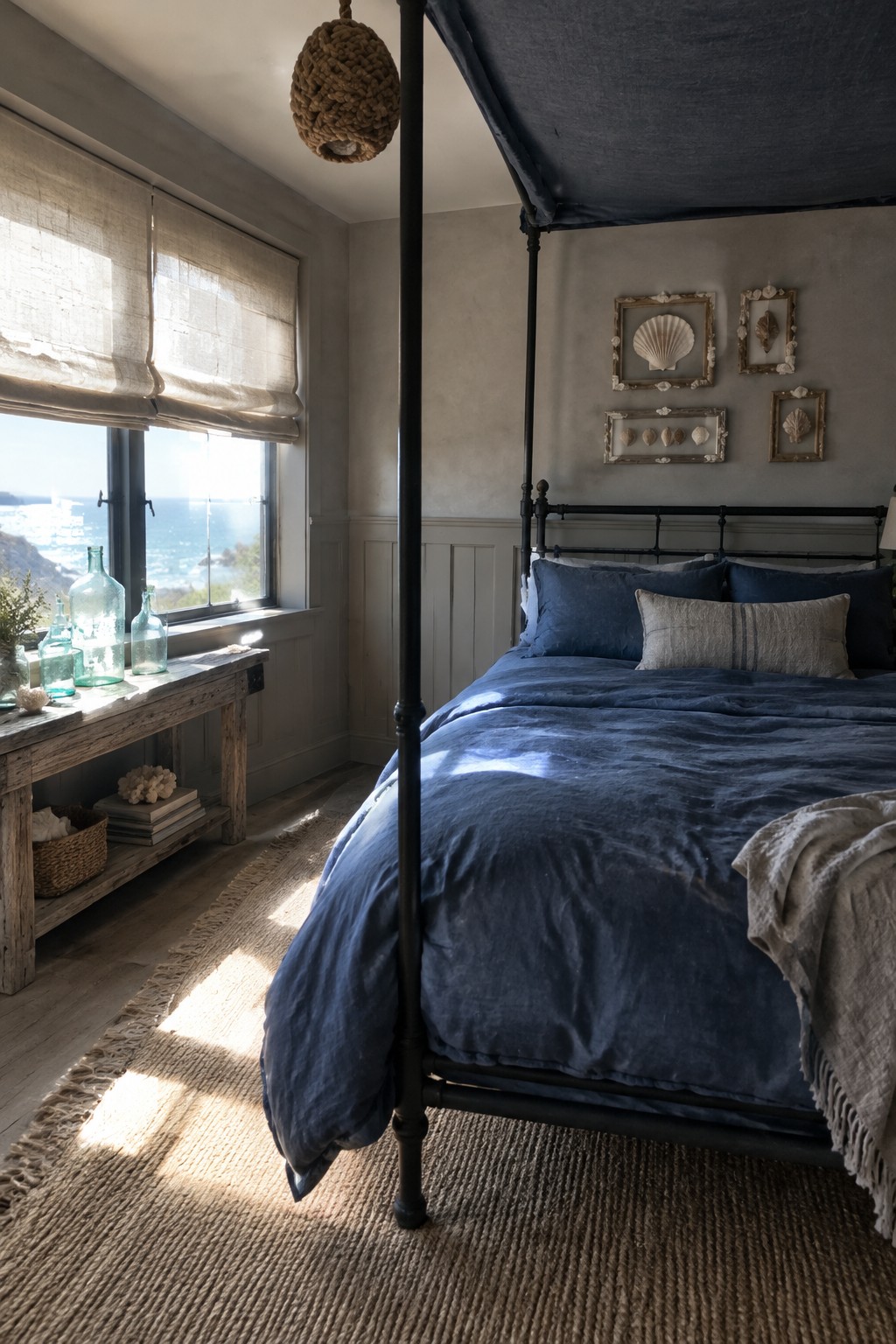 A black metal canopy bed with navy bedding sits beside a sunlit window with woven shades.
