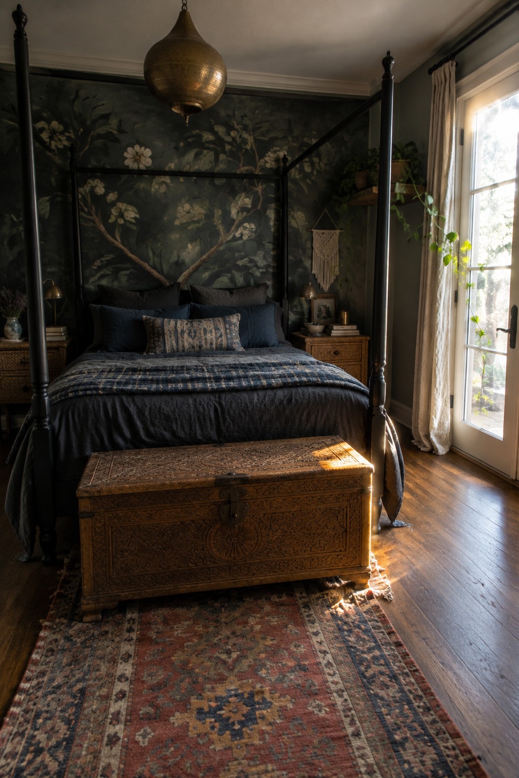 A black four-poster bed with dark bedding stands against floral wallpaper, with an carved wooden chest at its foot.