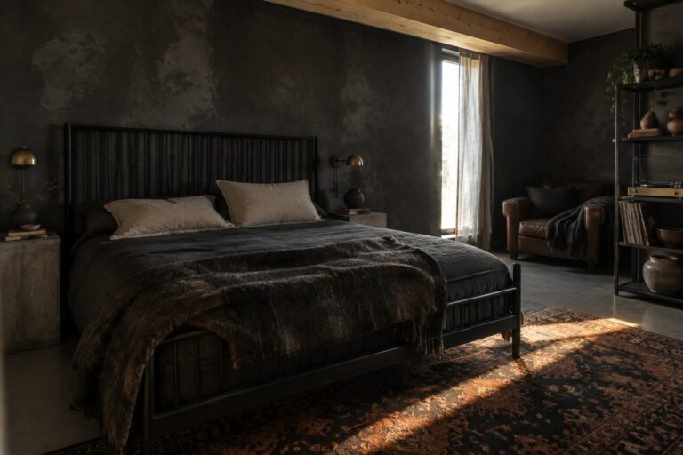 A black metal bed sits against a charcoal wall in a bedroom with light bedding, a dark throw, and a patterned rug.