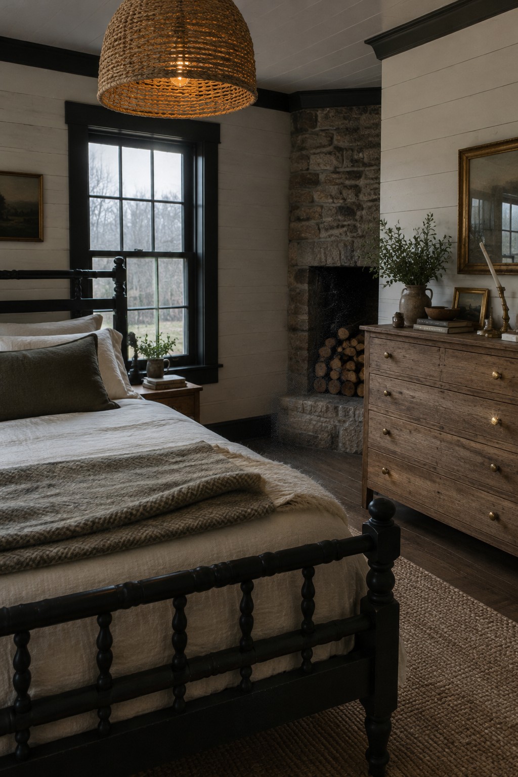 A black spindle bed with cream bedding sits in a bedroom with white plank walls, a stone fireplace, and a wooden dresser.