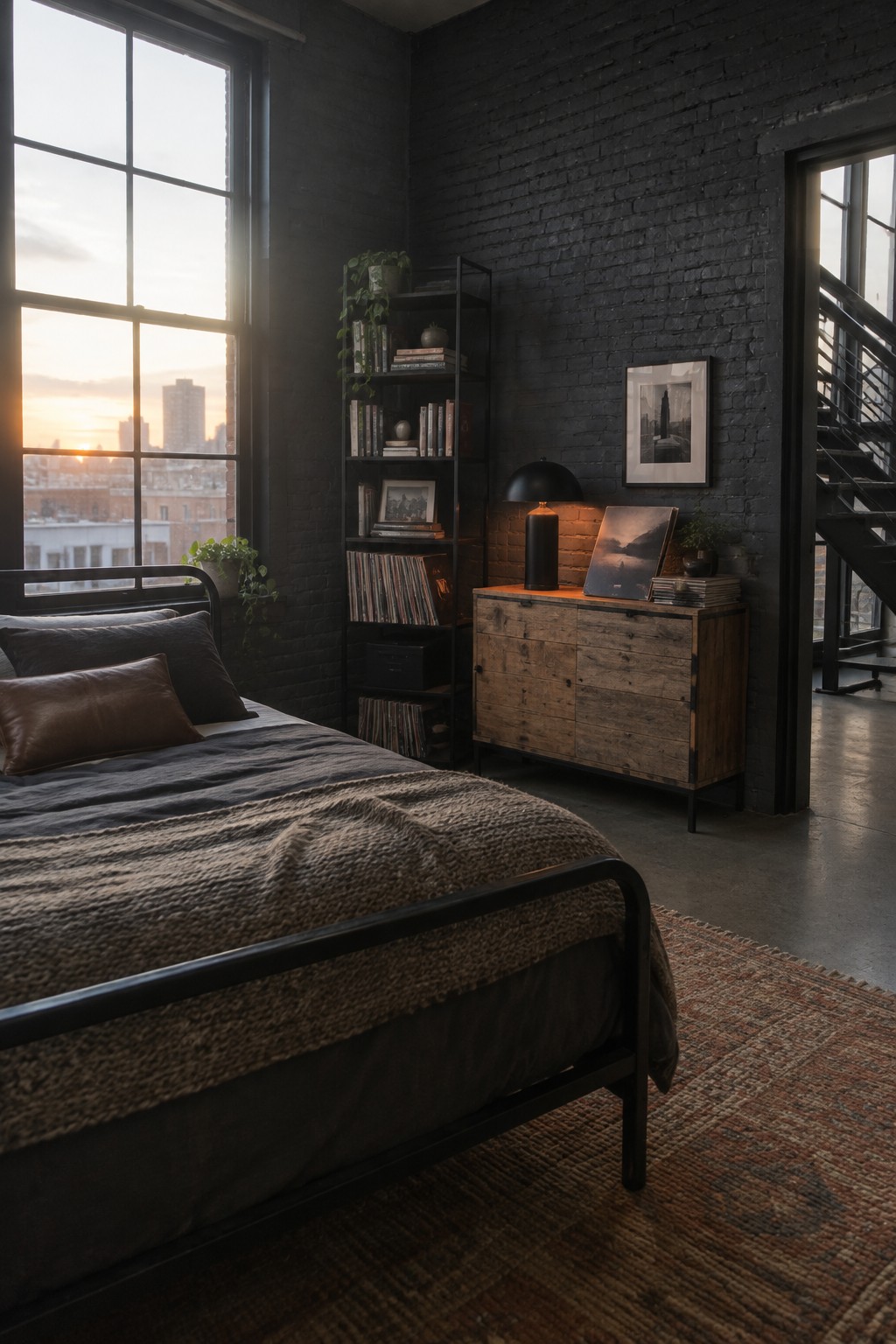 A black metal bed sits in a loft bedroom with dark brick walls, a tall window, and a wooden dresser.