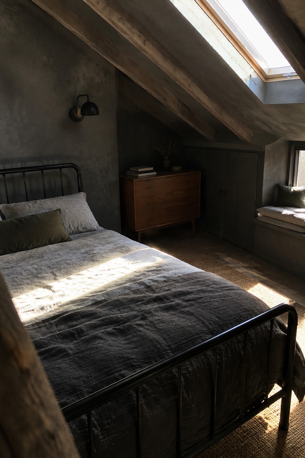 A bedroom with a black metal bed beneath a sloped ceiling with exposed wooden beams and a skylight.