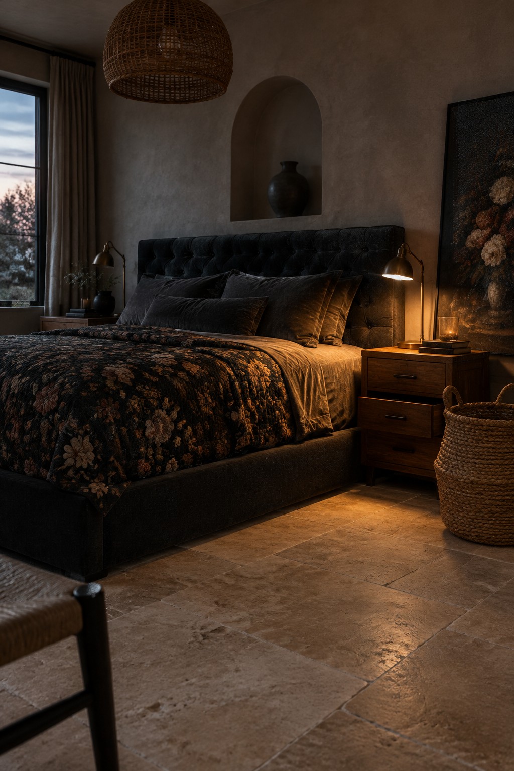 A black tufted bed with floral bedding, dark pillows, and wooden bedside tables in a dim bedroom.