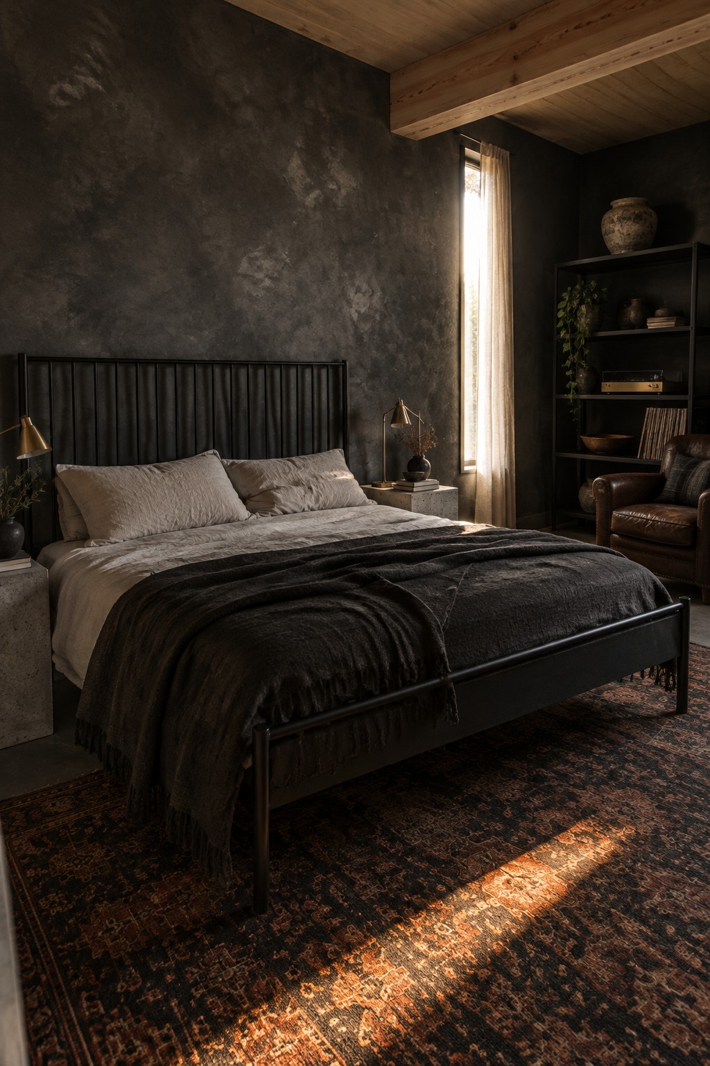 A black metal bed sits against a charcoal wall in a bedroom with light bedding, a dark throw, and a patterned rug.