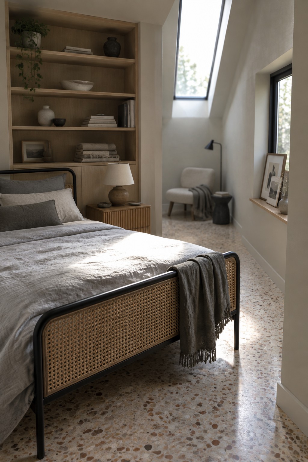 A black metal bed with a woven cane footboard and gray bedding in a bedroom with built-in wooden shelves.
