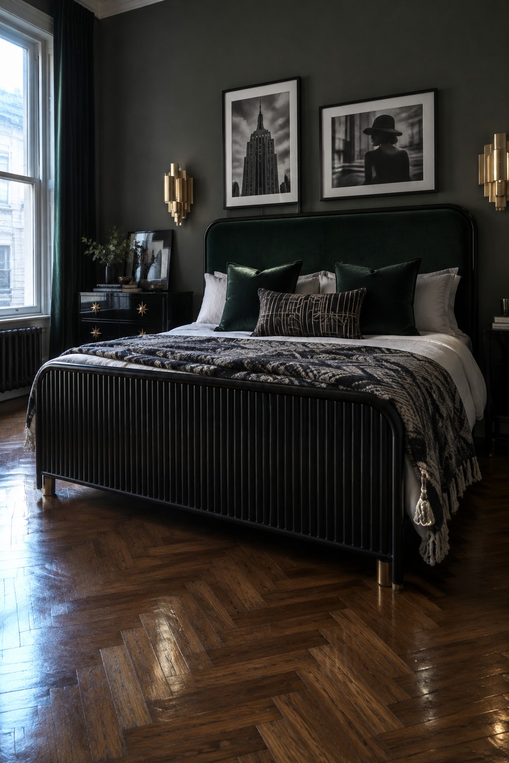 A black metal bed with vertical bars sits against a dark green upholstered headboard in a bedroom with framed black-and-white photos and herringbone wood flooring.